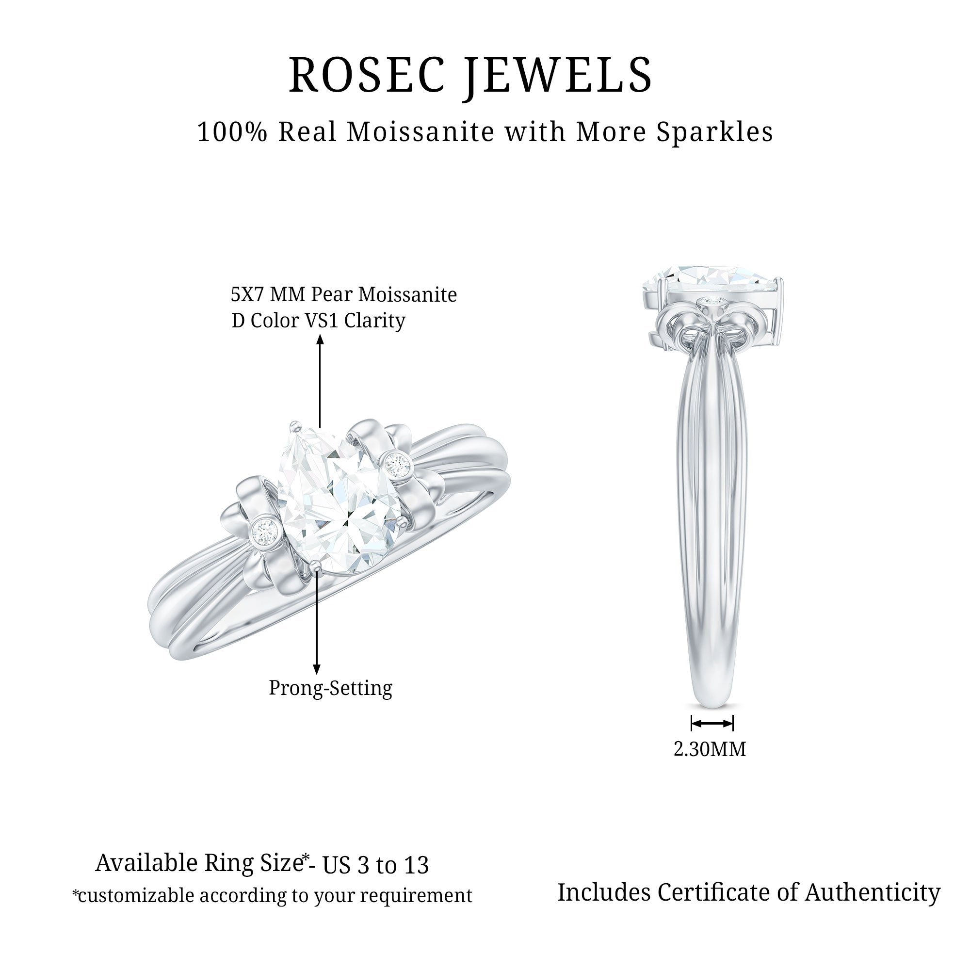 5X7mm Pear Shape Moissanite Bow Engagement Ring