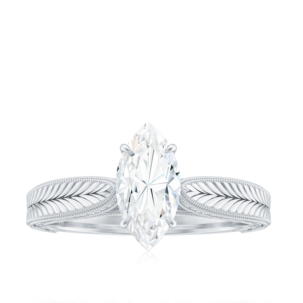 5x10mm Moissanite Marquise Engagement Ring with Leaf Engraved Shank