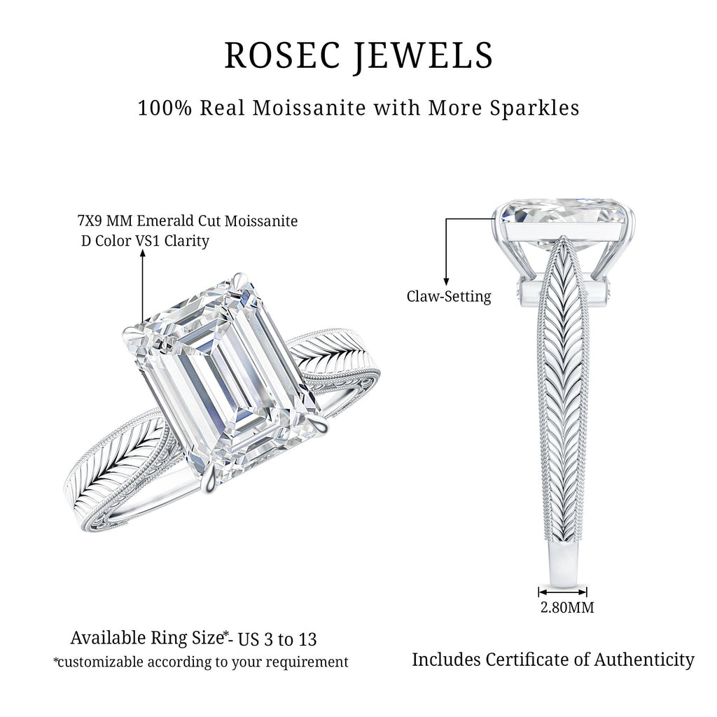 7x9mm Emerald Cut Certified Moissanite Vintage Inspired Engagement Ring