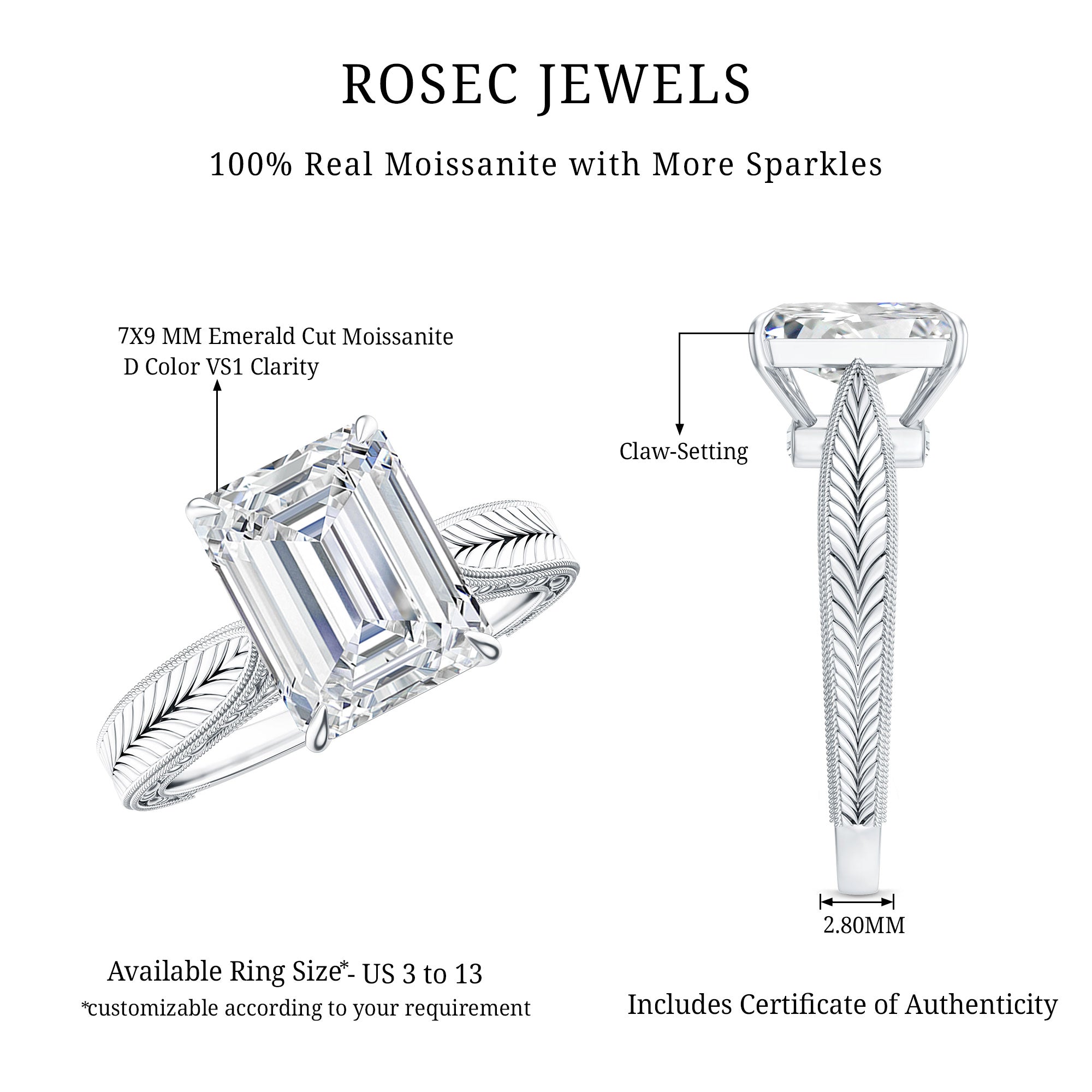 7x9mm Emerald Cut Certified Moissanite Vintage Inspired Engagement Ring
