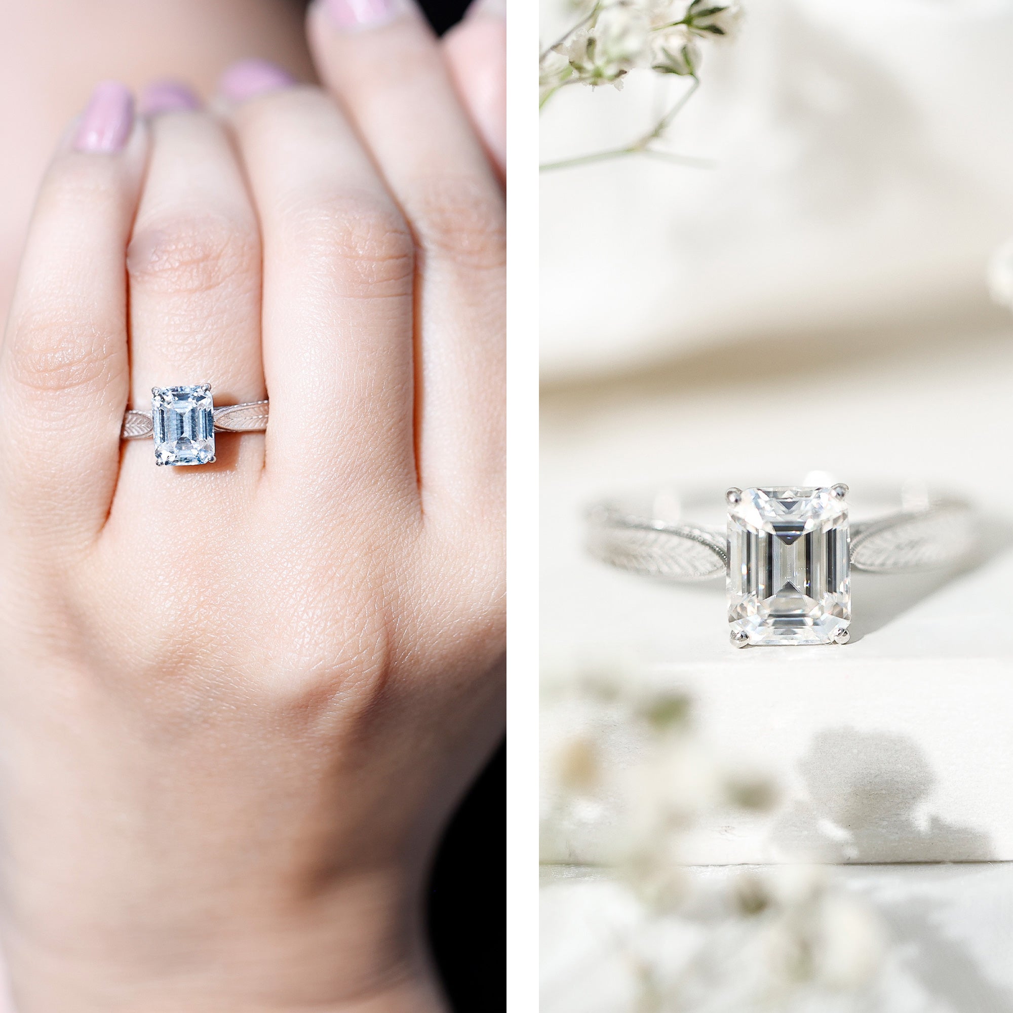 7x9mm Emerald Cut Certified Moissanite Vintage Inspired Engagement Ring
