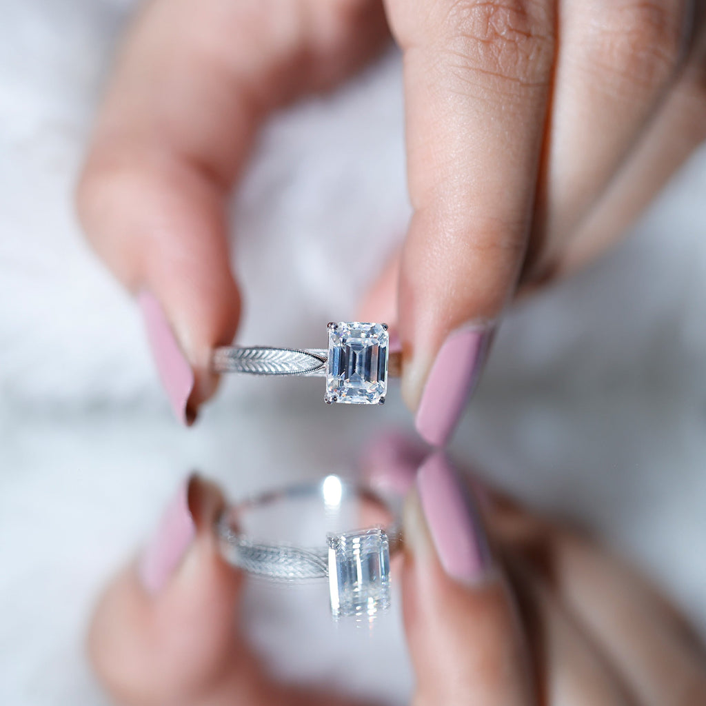 7x9mm Emerald Cut Certified Moissanite Vintage Inspired Engagement Ring