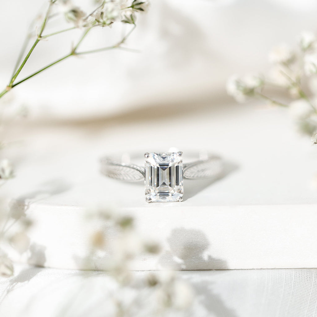 7x9mm Emerald Cut Certified Moissanite Vintage Inspired Engagement Ring