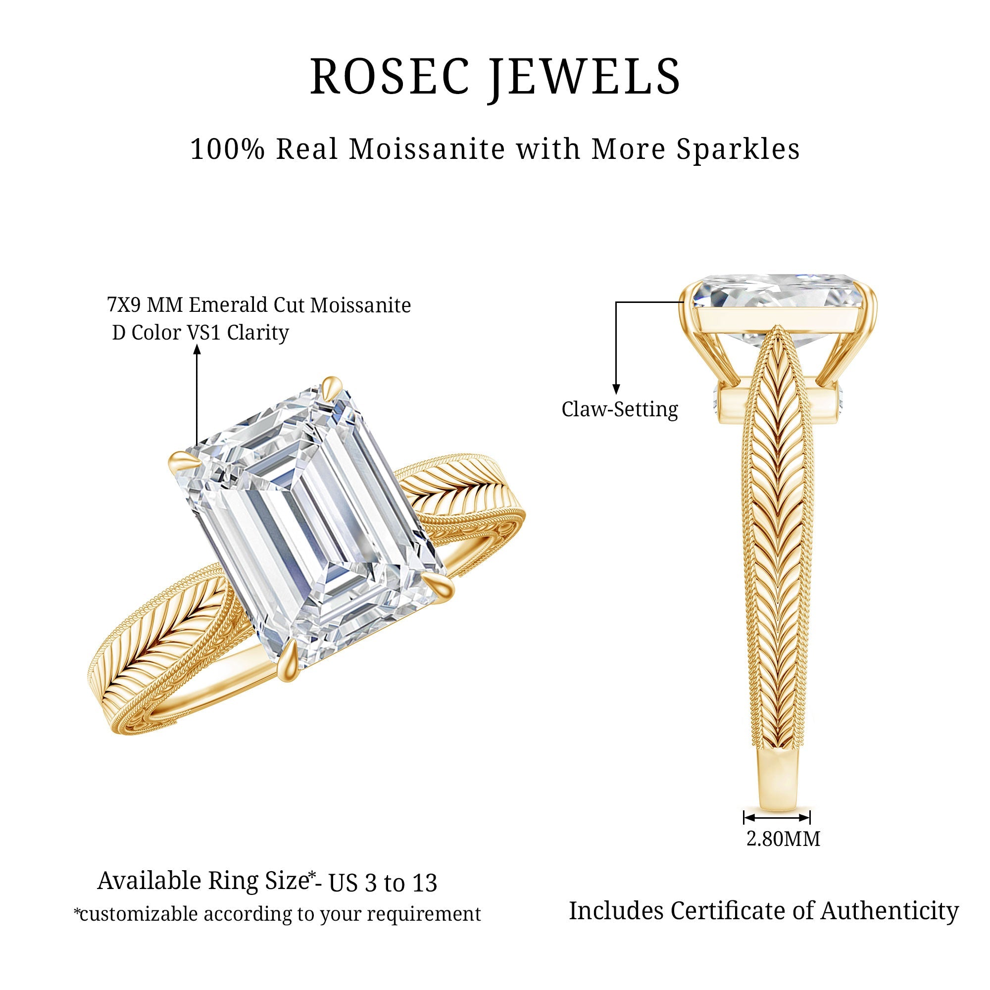 7x9mm Emerald Cut Certified Moissanite Vintage Inspired Engagement Ring
