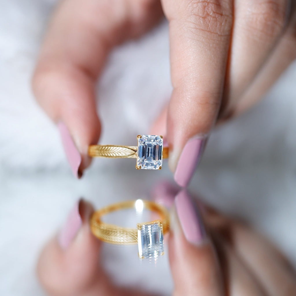 7x9mm Emerald Cut Certified Moissanite Vintage Inspired Engagement Ring