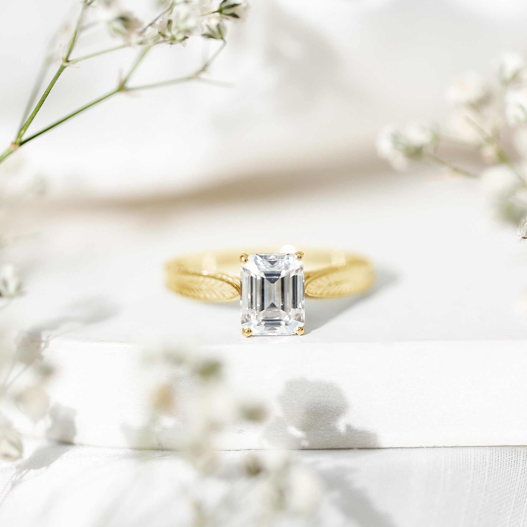 7x9mm Emerald Cut Certified Moissanite Vintage Inspired Engagement Ring