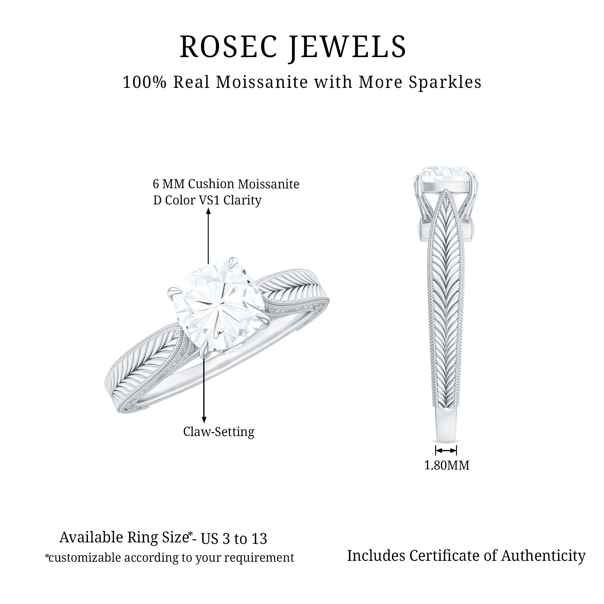 6 mm Cushion Cut Moissanite Solitaire Vintage Inspired Engagement Ring