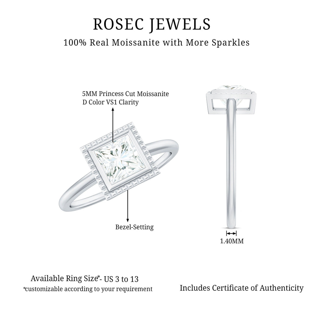 5mm Princess Cut Moissanite Solitaire Ring in Bezel Setting