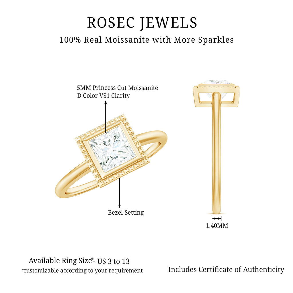 5mm Princess Cut Moissanite Solitaire Ring in Bezel Setting