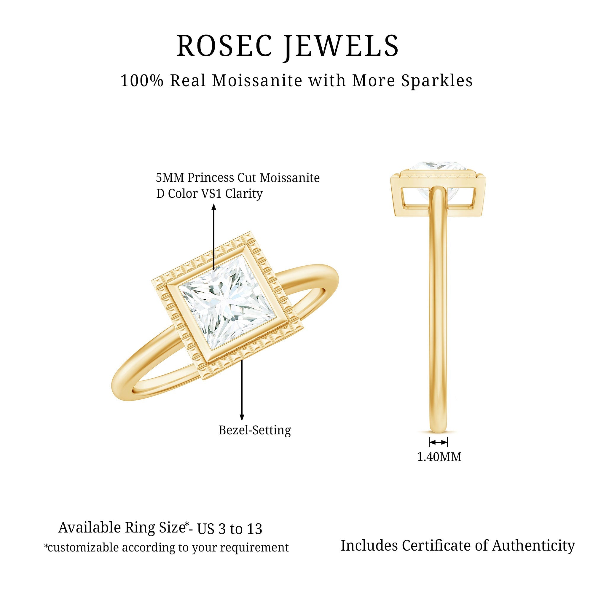 5mm Princess Cut Moissanite Solitaire Ring in Bezel Setting