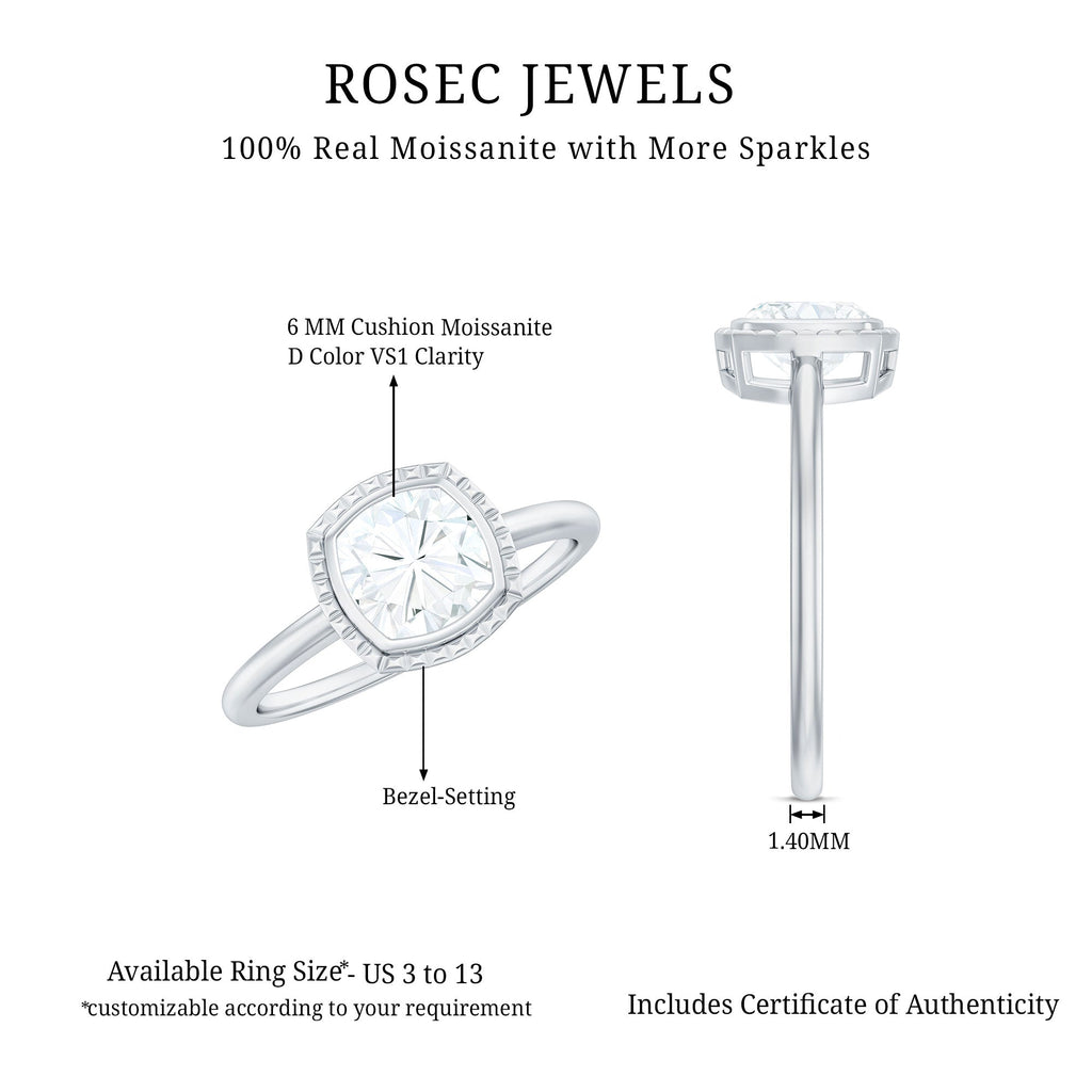 6mm Cushion Cut Moissanite Solitaire Ring in Bezel Setting