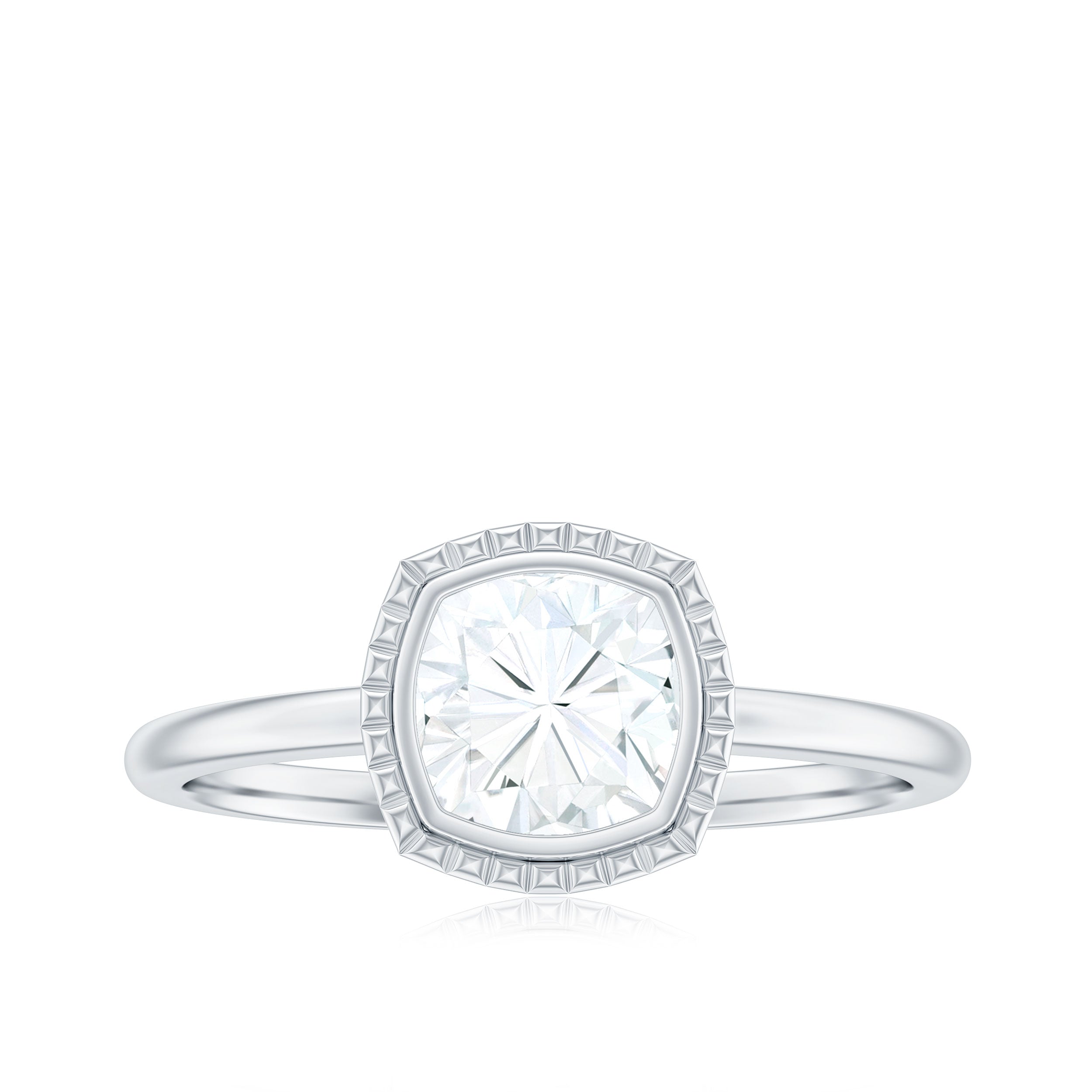 6mm Cushion Cut Moissanite Solitaire Ring in Bezel Setting