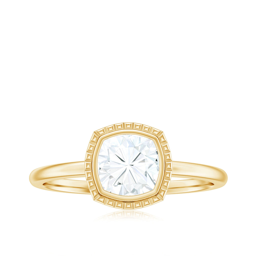 6mm Cushion Cut Moissanite Solitaire Ring in Bezel Setting