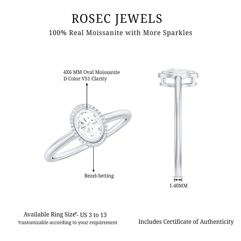 4X6mm Oval Cut Moissanite Solitaire Ring in Bezel Setting