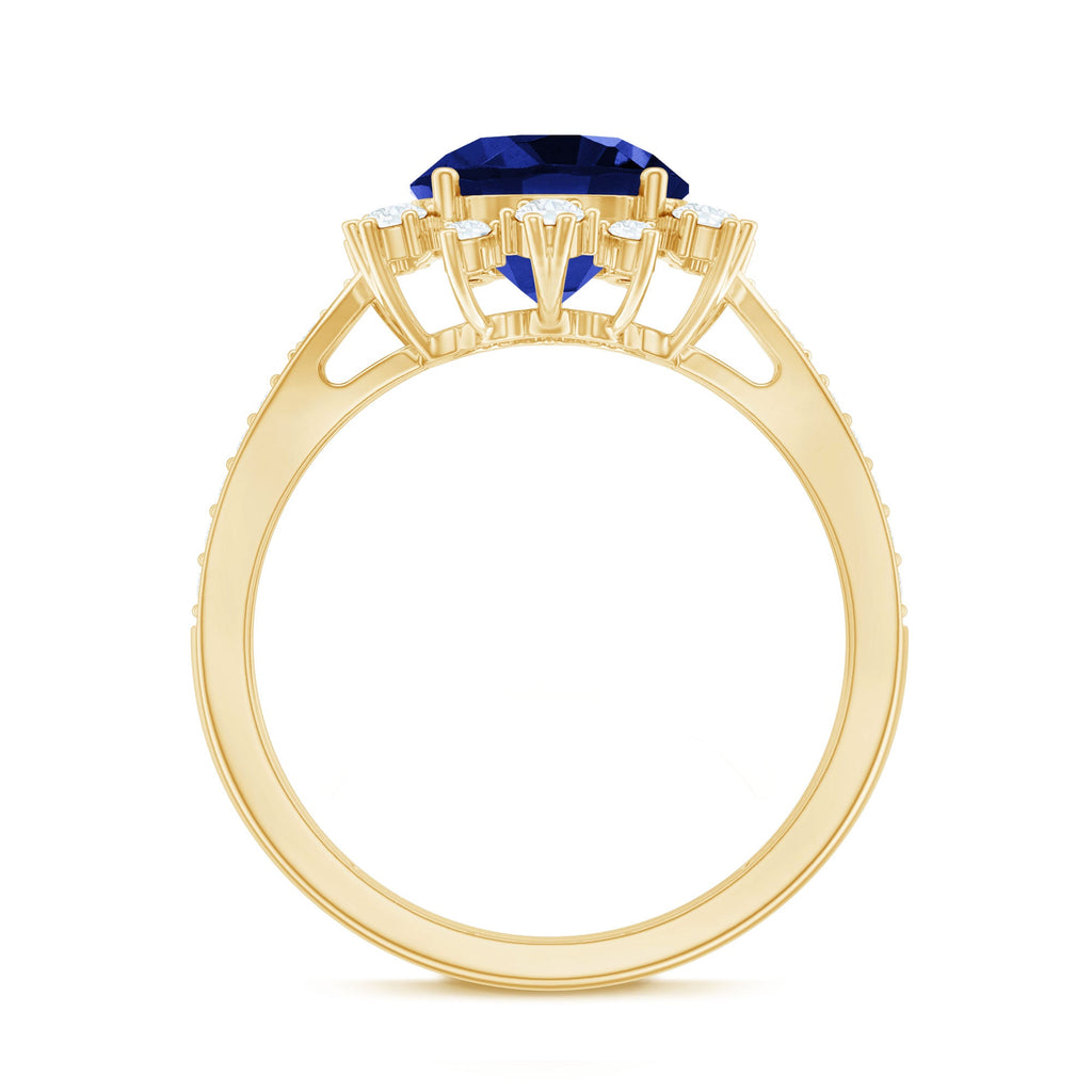 Lab Grown Blue Sapphire Round Engagement Ring with Diamond Accent