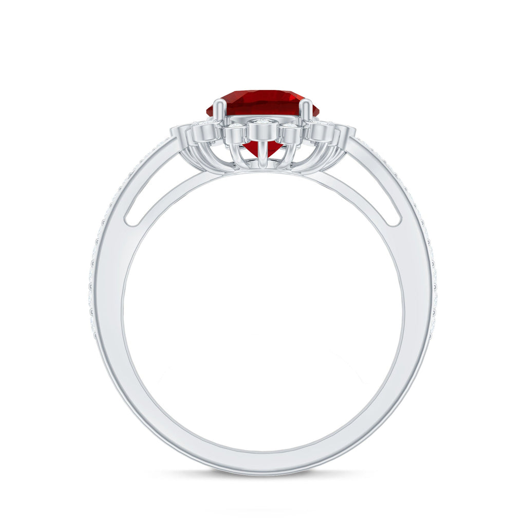 Vintage Style Lab Created Ruby and Diamond Halo Engagement Ring