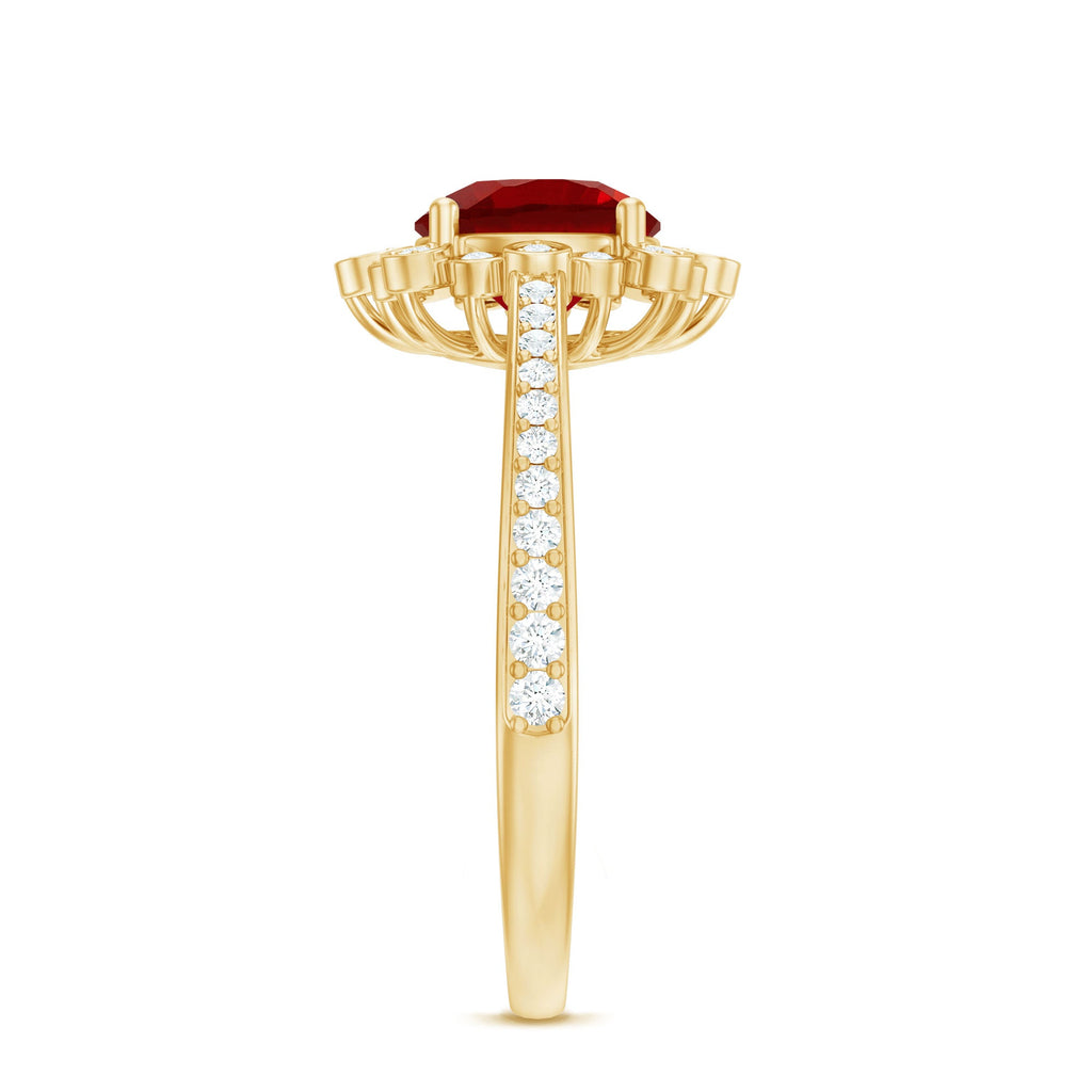 Vintage Style Lab Created Ruby and Diamond Halo Engagement Ring