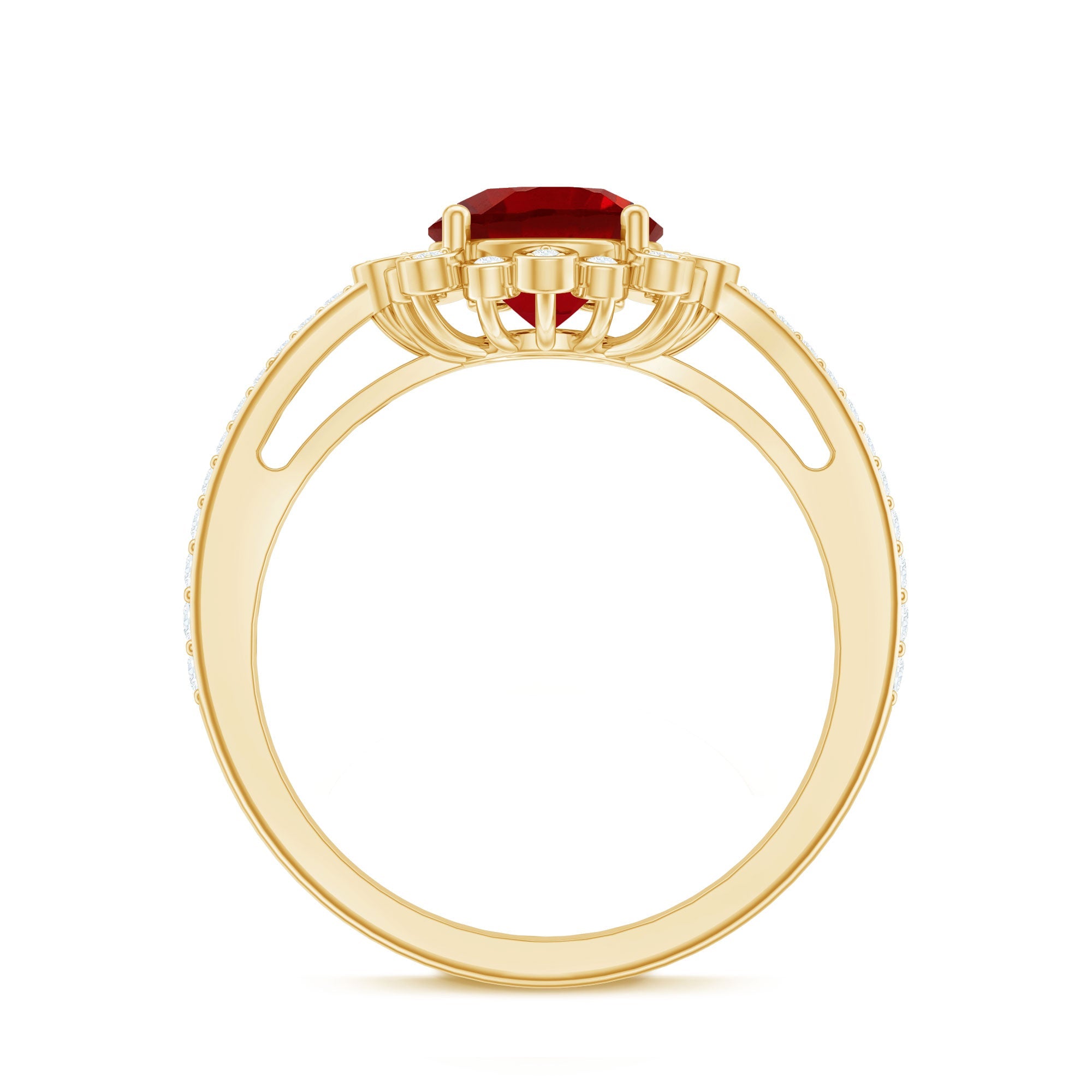 Vintage Style Lab Created Ruby and Diamond Halo Engagement Ring