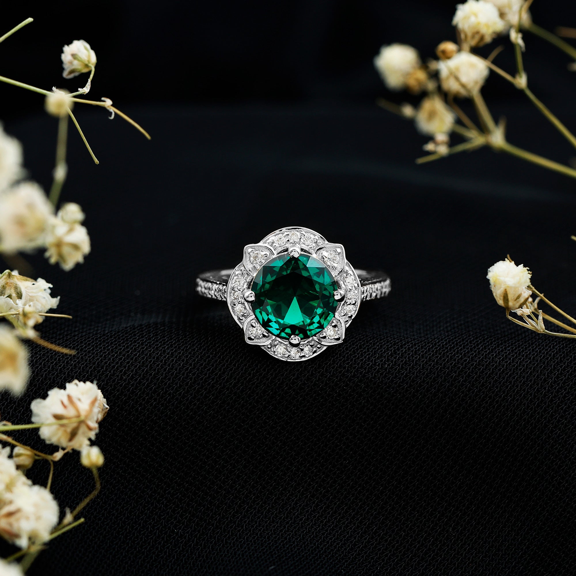 2 Carat Lab Grown Emerald Vintage Inspired Engagement Ring with Diamond