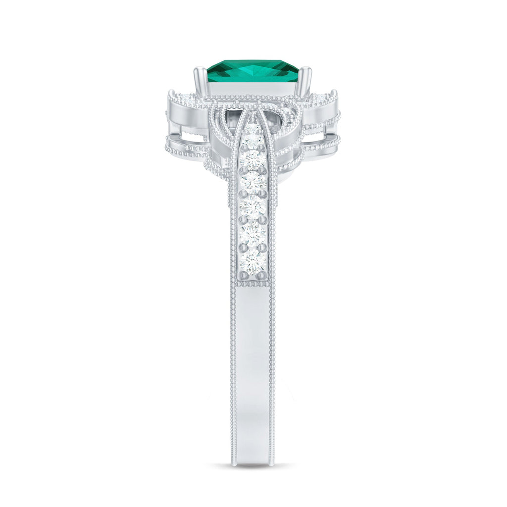 Lab Grown Emerald Vintage Inspired Engagement Ring with Diamond