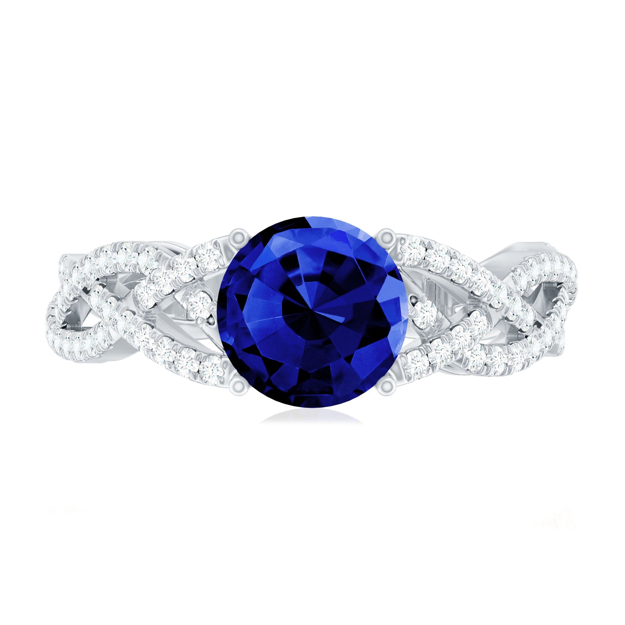 Designer 2.7 Carat Lab Grown Blue Sapphire Engagement Ring with Diamond Criss Cross Shank