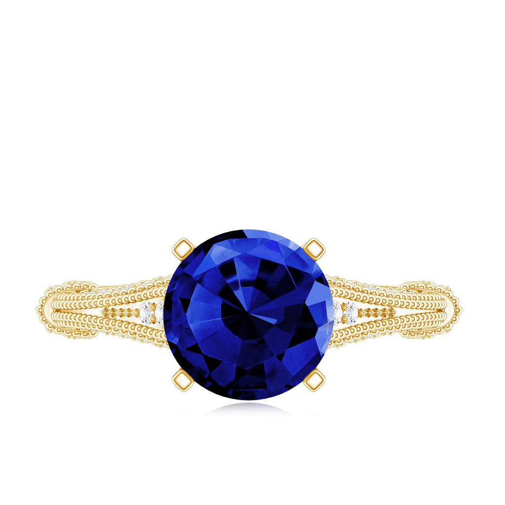 Vintage Style 2.7 Carat Lab Grown Blue Sapphire Engagement Ring with Diamond