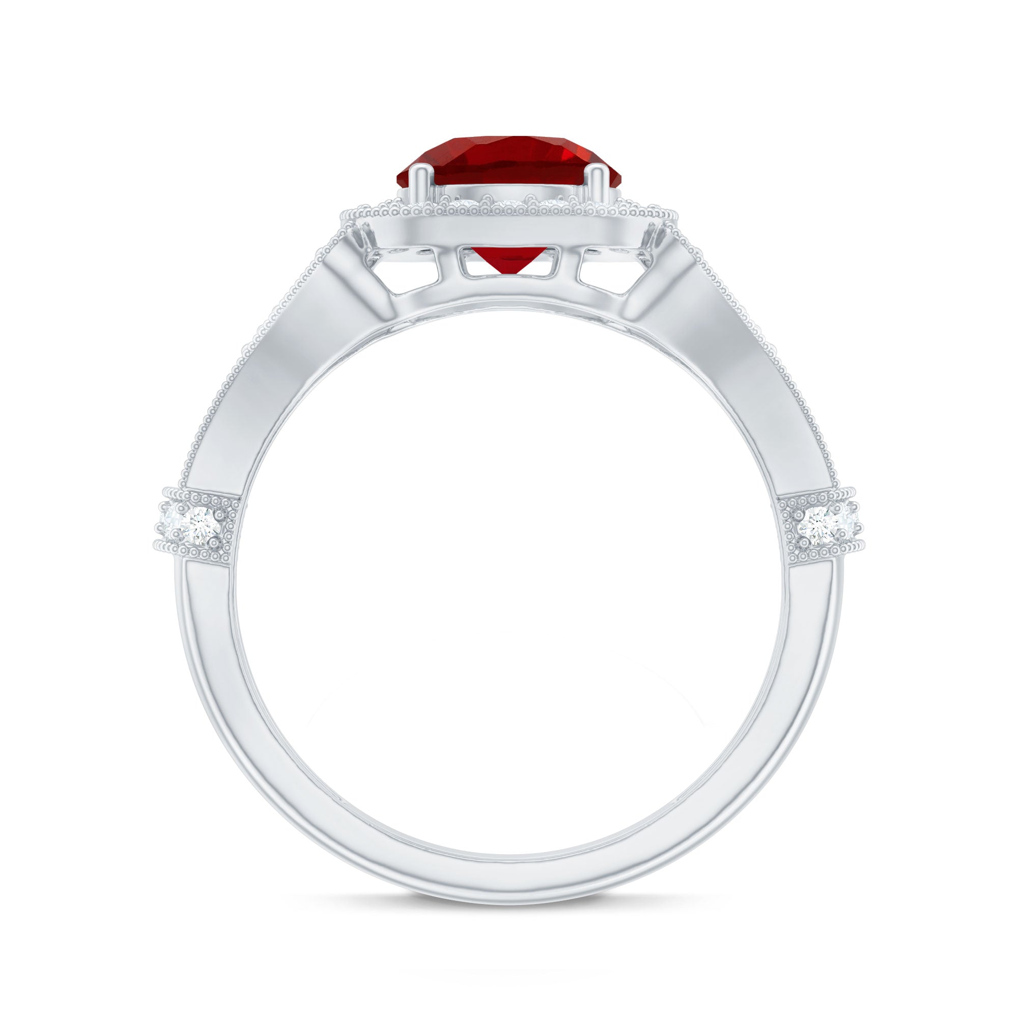 Antique Looking Lab Grown Ruby Engagement Ring with Diamond Halo