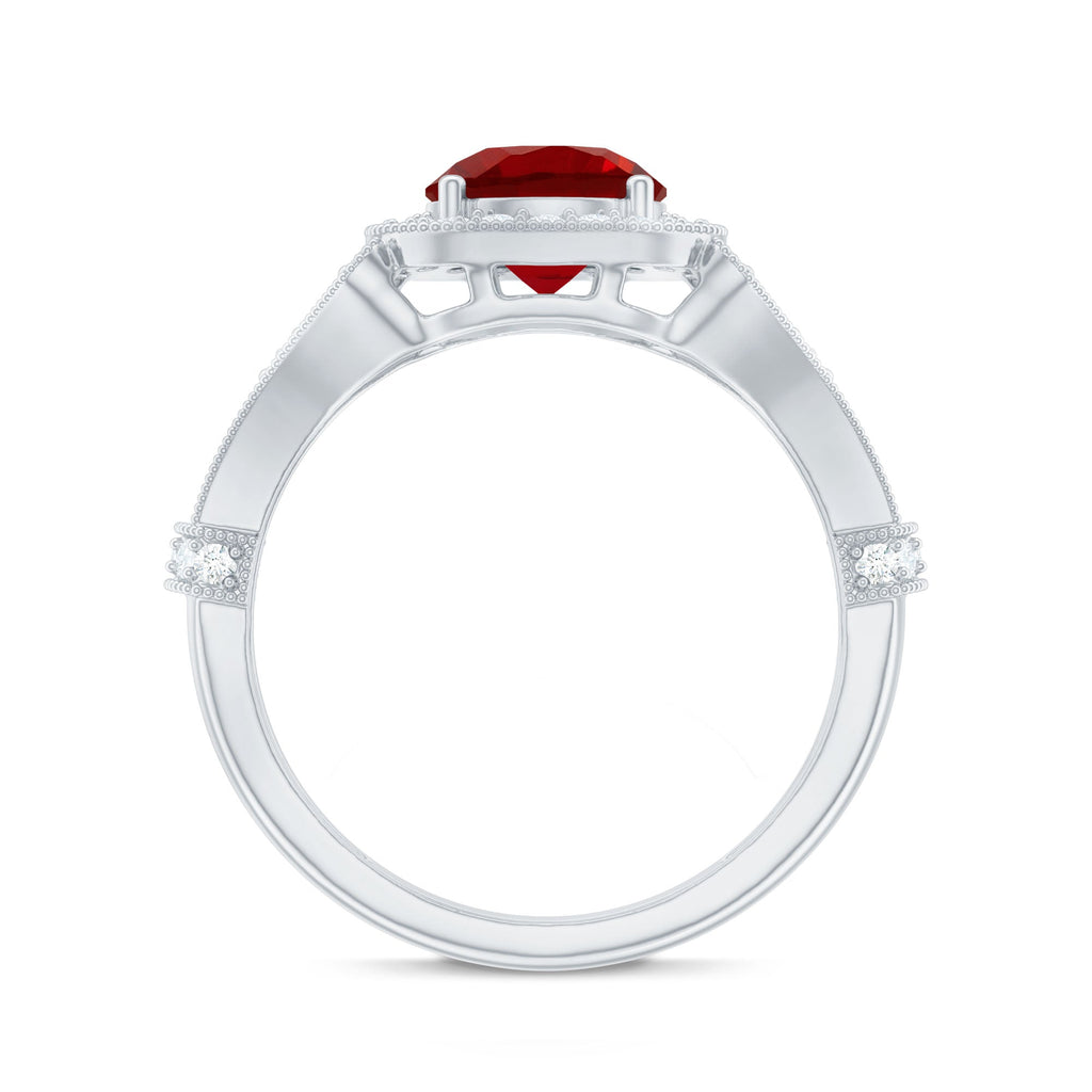 Antique Looking Lab Grown Ruby Engagement Ring with Diamond Halo