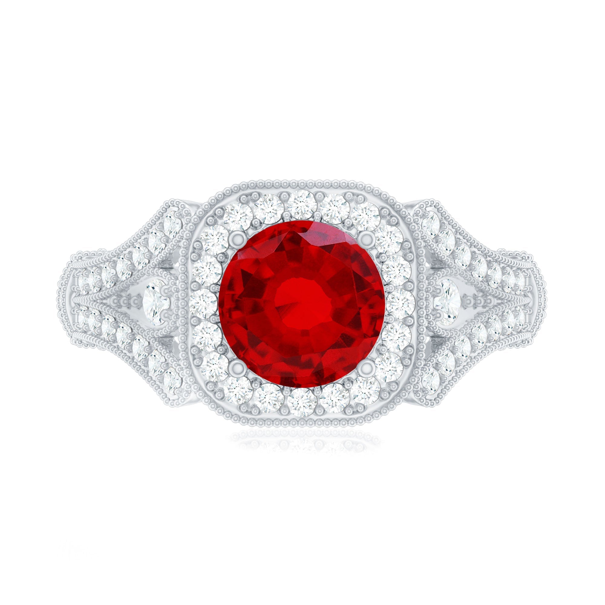 Antique Looking Lab Grown Ruby Engagement Ring with Diamond Halo