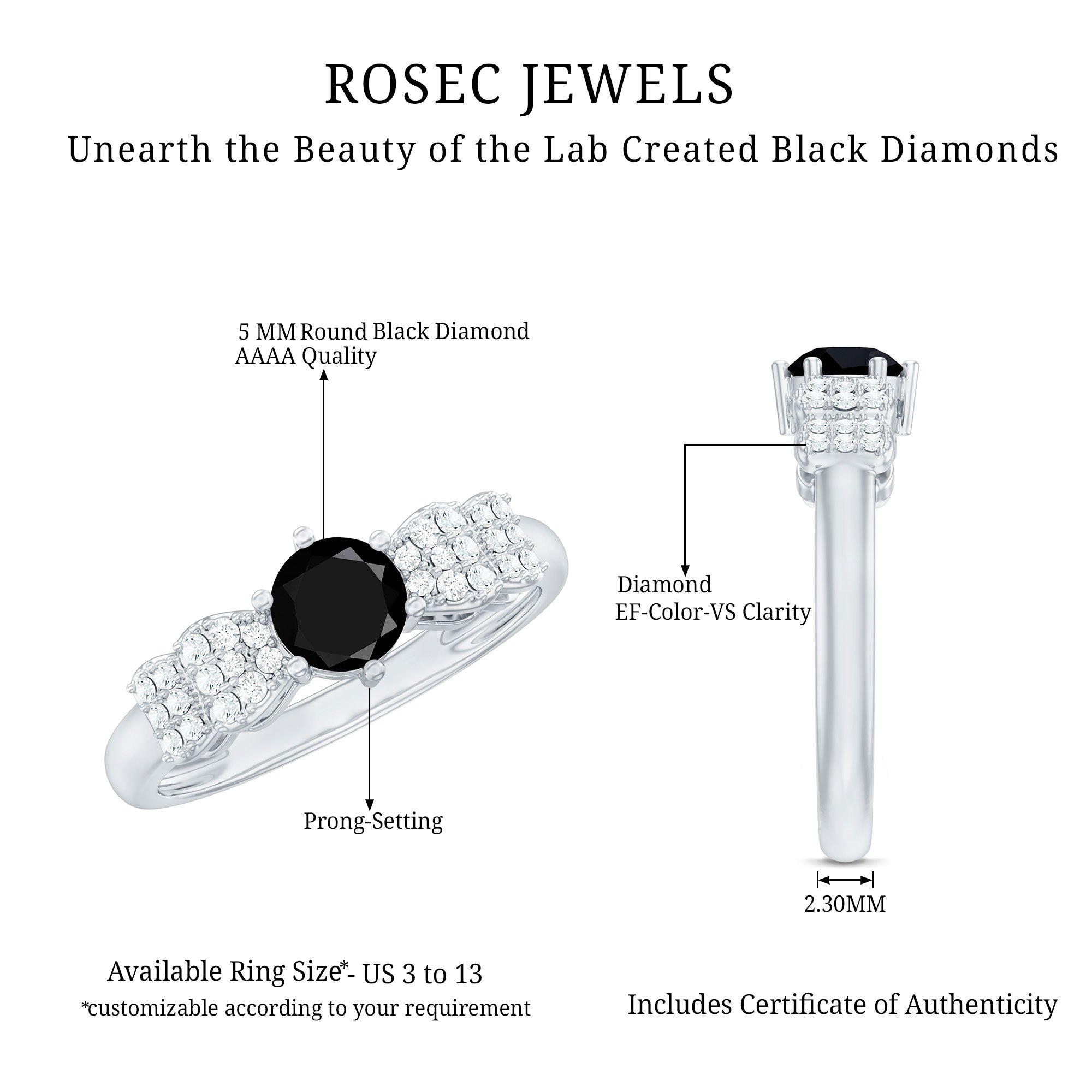 Certified 0.84 Carat Lab Grown Black Diamond Solitaire Engagement Ring with White Diamond