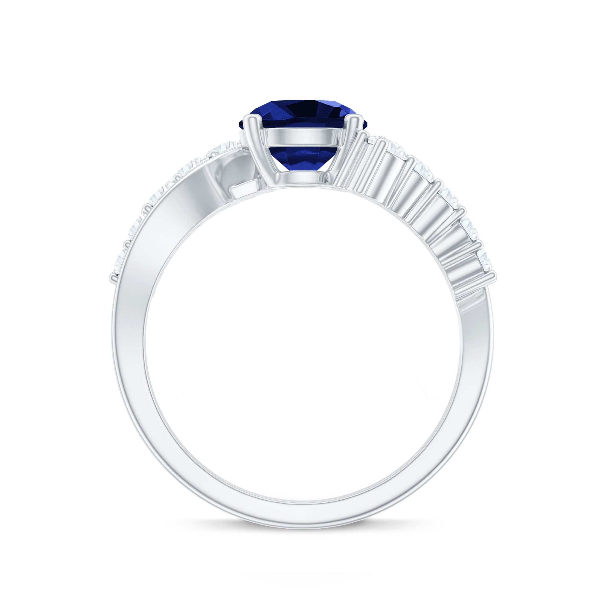 Certified 2.7 Carat Lab Grown Blue Sapphire Engagement Ring with Diamond Bypass Shank