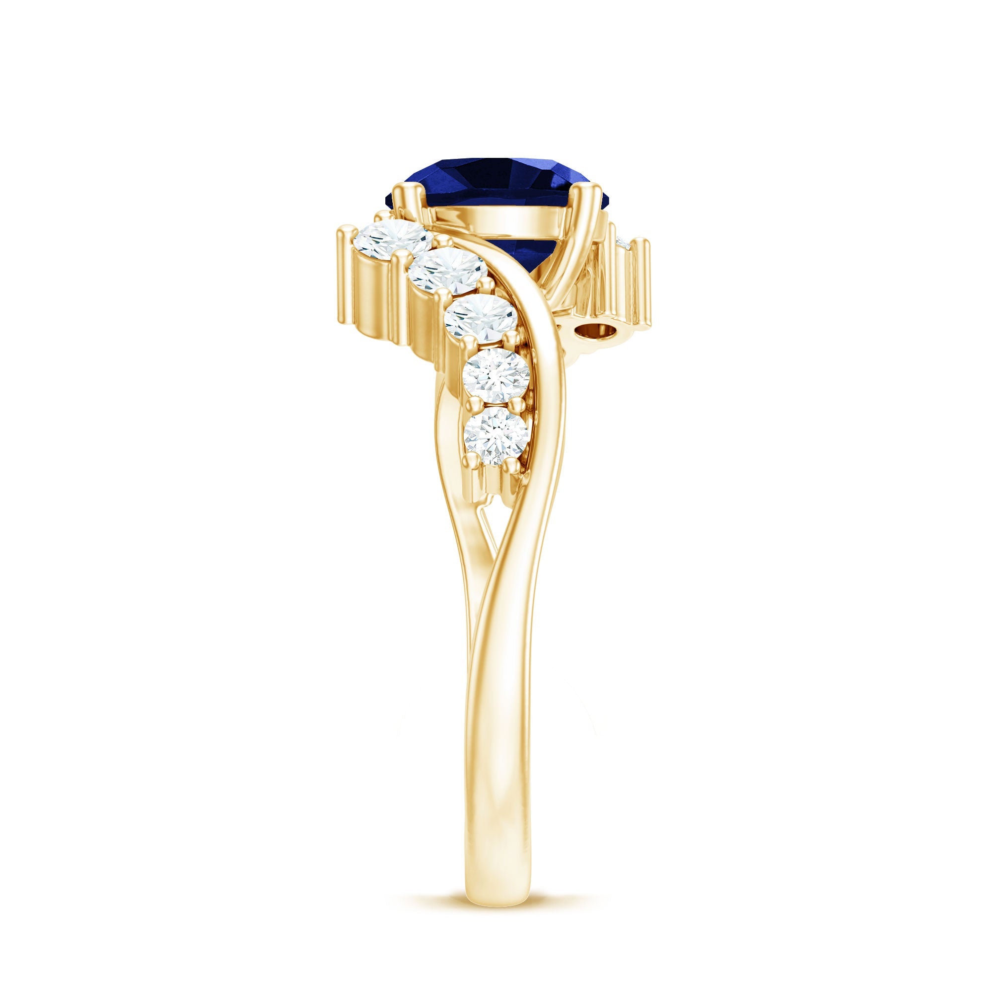 Certified 2.7 Carat Lab Grown Blue Sapphire Engagement Ring with Diamond Bypass Shank