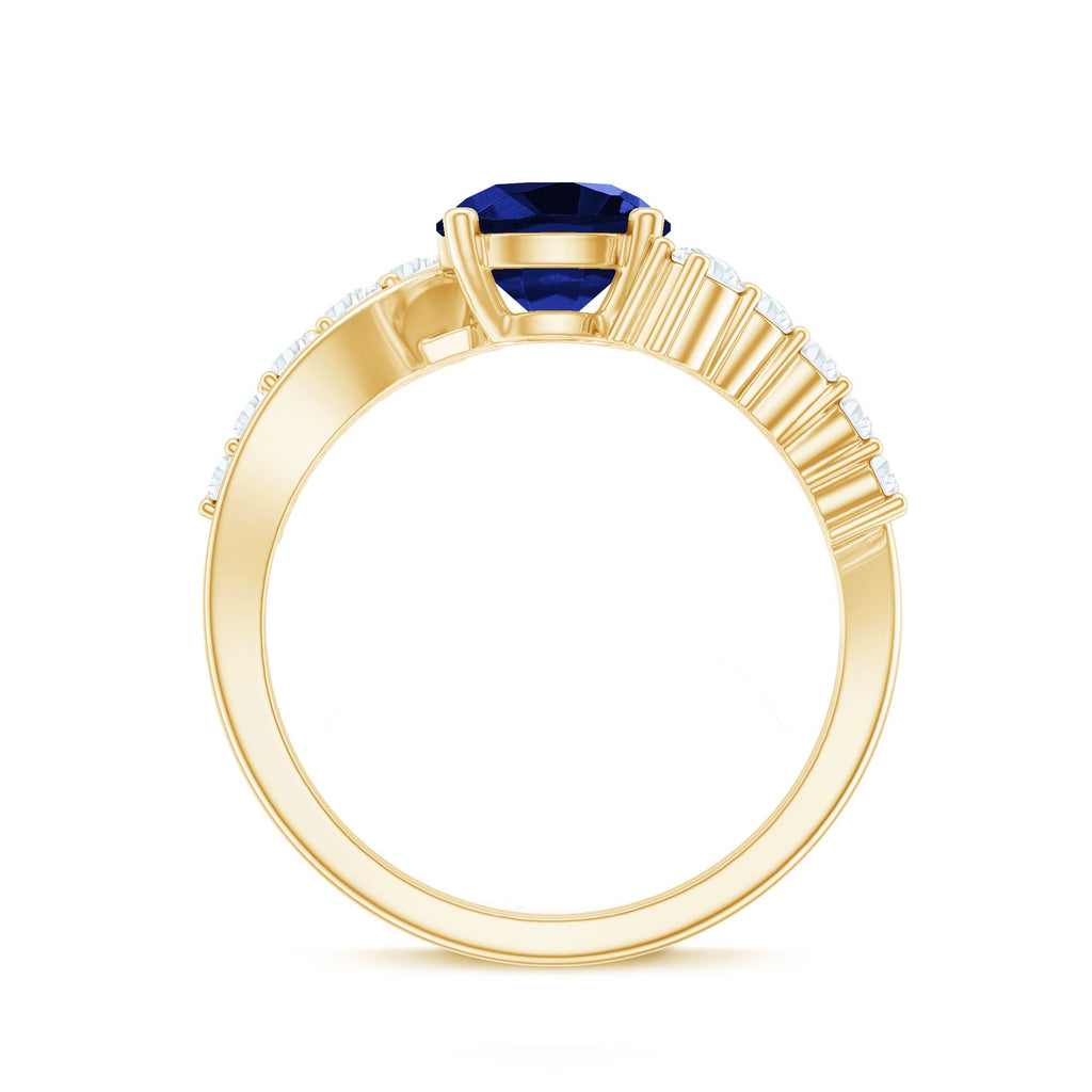 Certified 2.7 Carat Lab Grown Blue Sapphire Engagement Ring with Diamond Bypass Shank