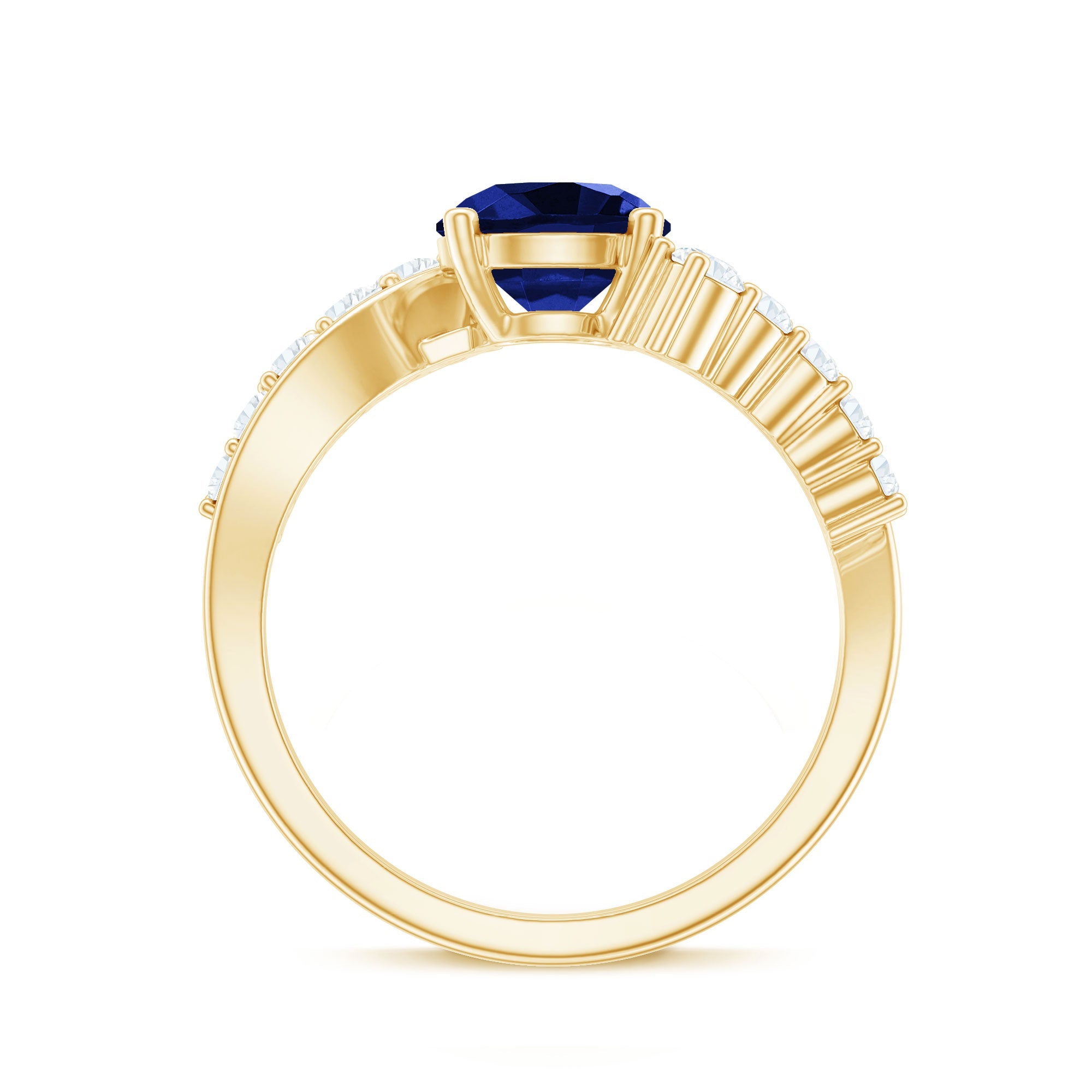Certified 2.7 Carat Lab Grown Blue Sapphire Engagement Ring with Diamond Bypass Shank