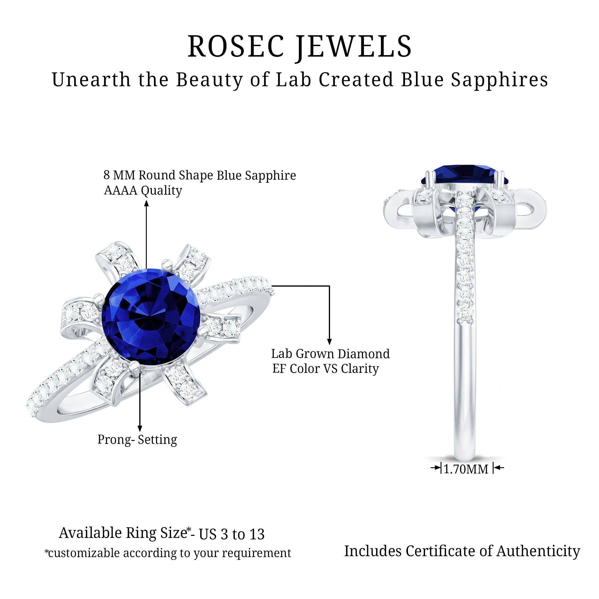 Nature Inspired 2.7 Carat Lab Grown Blue Sapphire Diamond Engagement  Ring