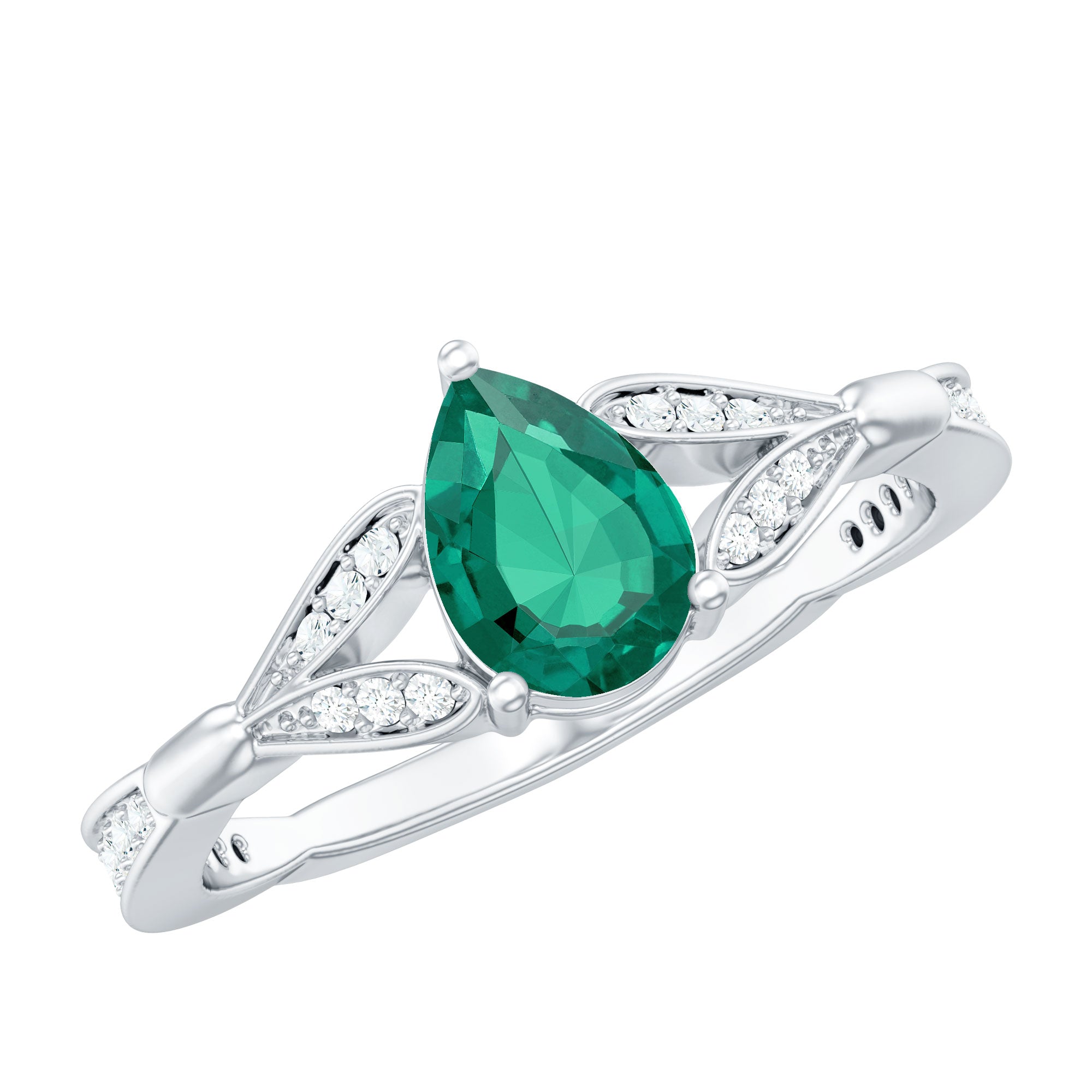 Pear Shape Lab Grown Emerald Teardrop Engagement Ring With Diamond