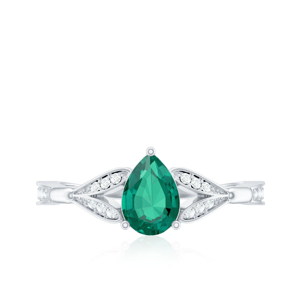 Pear Shape Lab Grown Emerald Teardrop Engagement Ring With Diamond