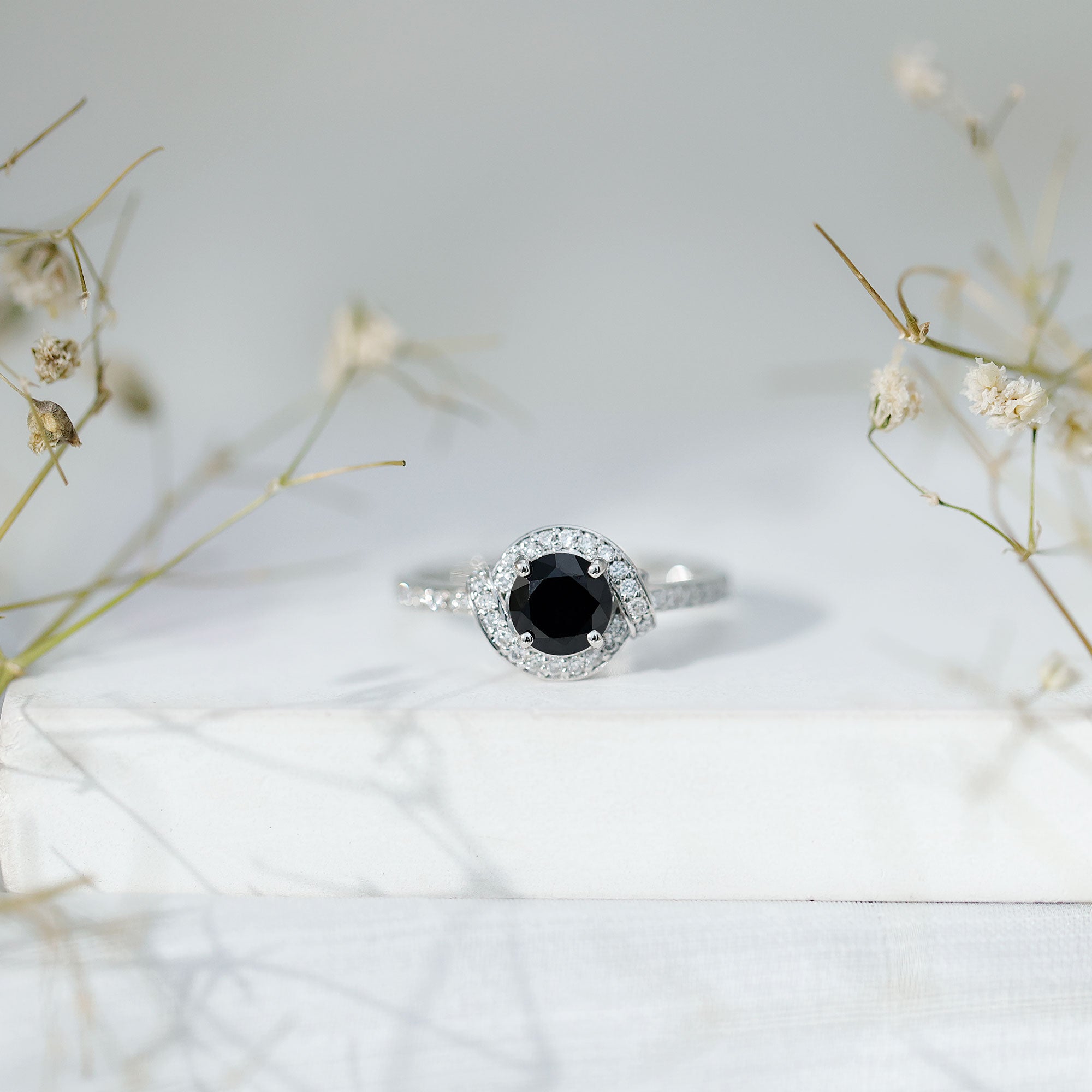 1.6 Carat Lab Grown Black Diamond Engagement Ring with White Diamond Halo
