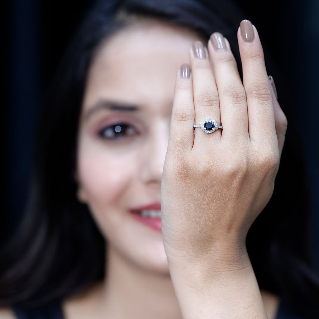 1.6 Carat Lab Grown Black Diamond Engagement Ring with White Diamond Halo