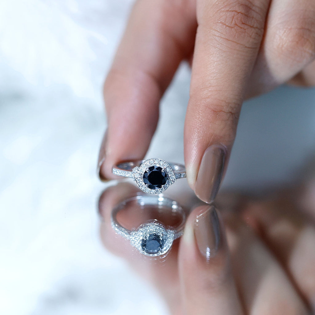 1.6 Carat Lab Grown Black Diamond Engagement Ring with White Diamond Halo