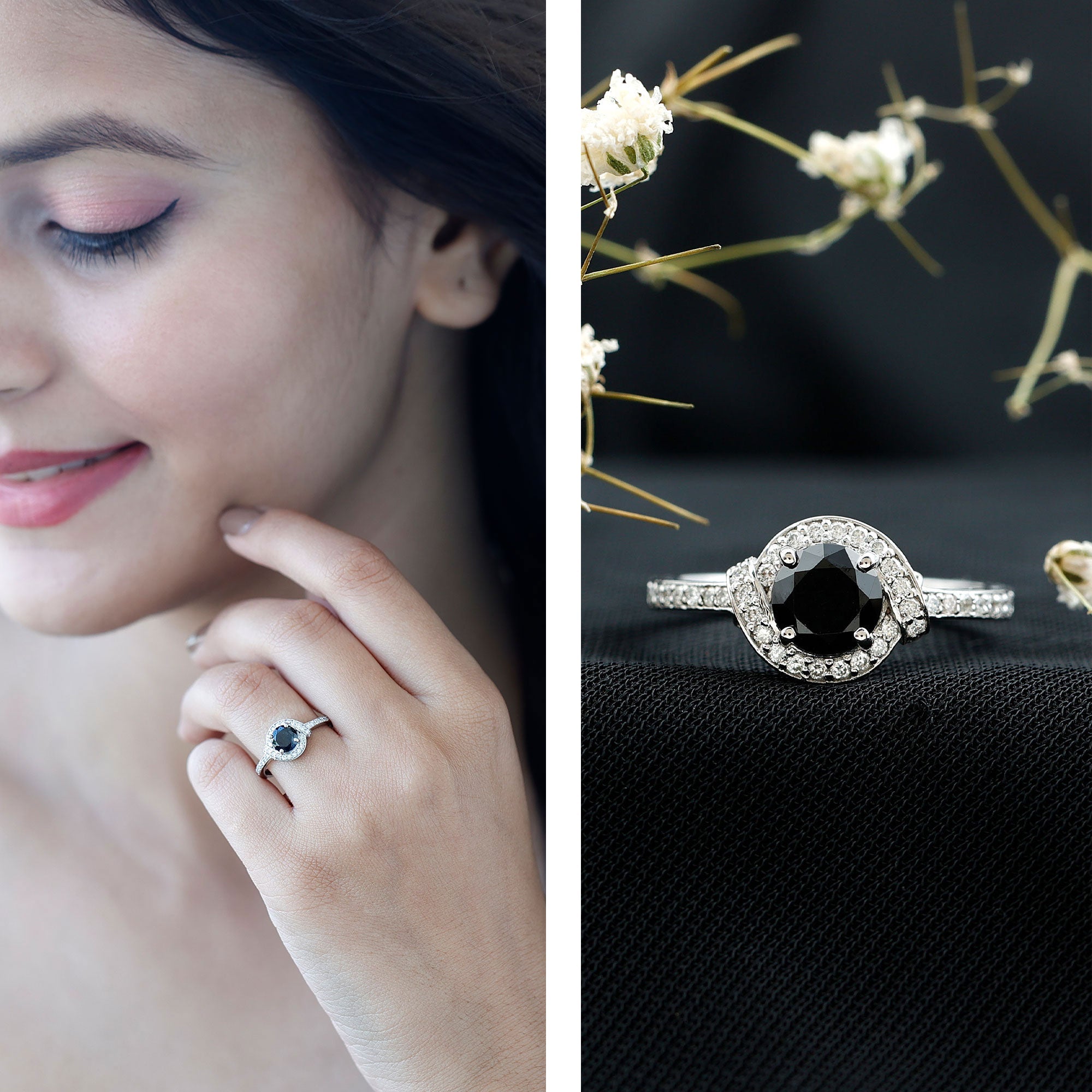 1.6 Carat Lab Grown Black Diamond Engagement Ring with White Diamond Halo