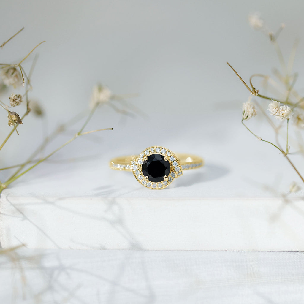 1.6 Carat Lab Grown Black Diamond Engagement Ring with White Diamond Halo