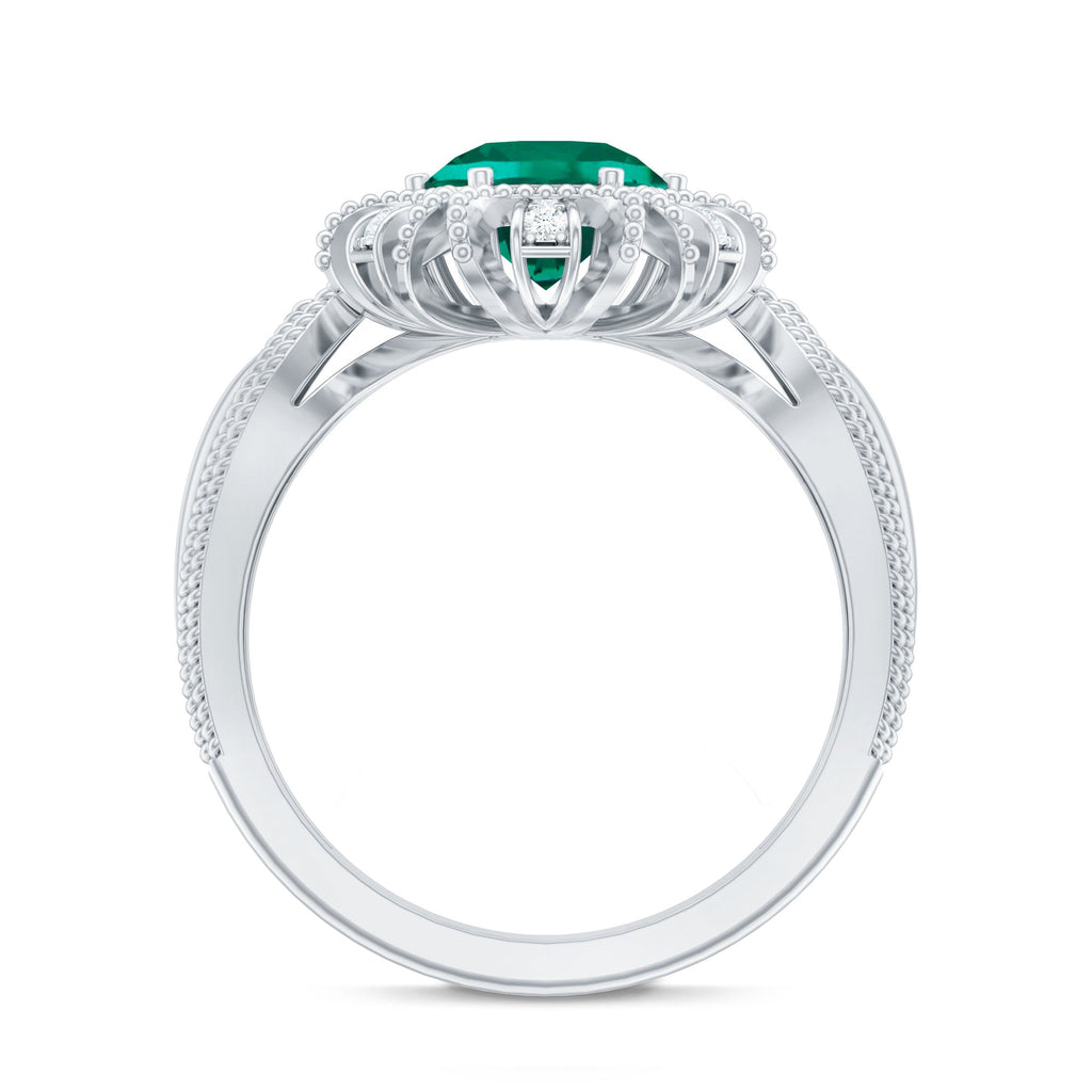 Lab Grown Emerald Vintage Style Flower Engagement Ring With Diamond
