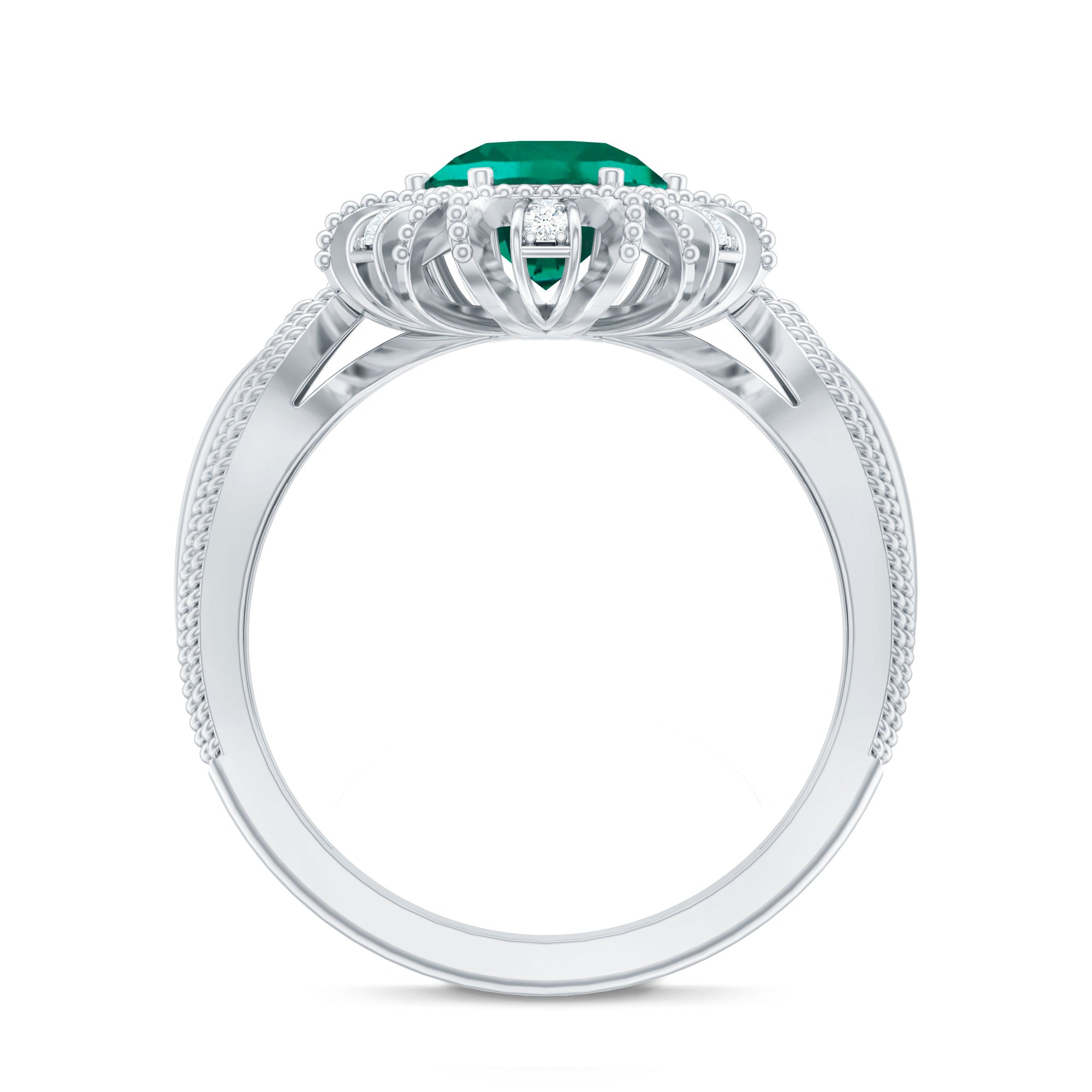 Lab Grown Emerald Vintage Style Flower Engagement Ring With Diamond