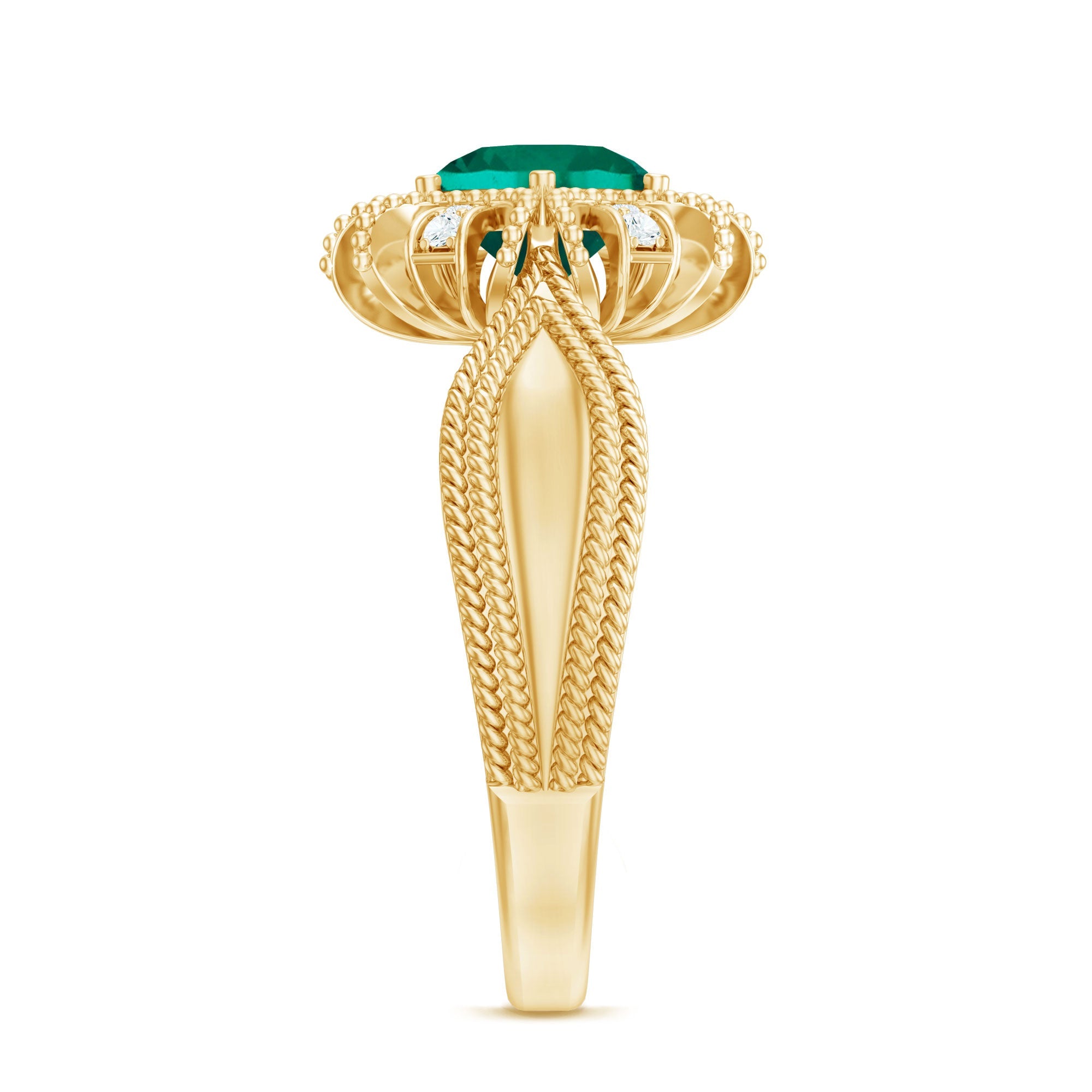 Lab Grown Emerald Vintage Style Flower Engagement Ring With Diamond