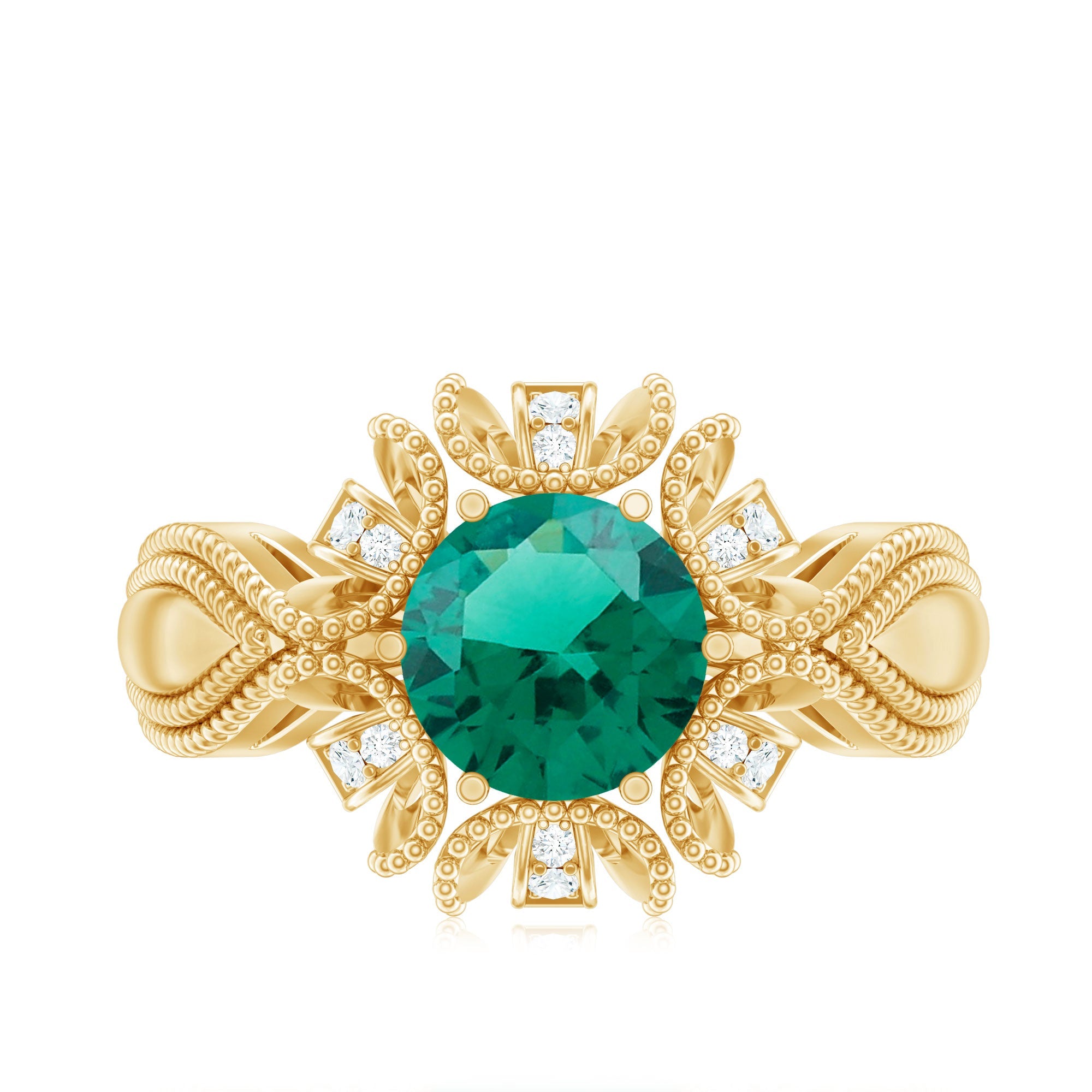 Lab Grown Emerald Vintage Style Flower Engagement Ring With Diamond