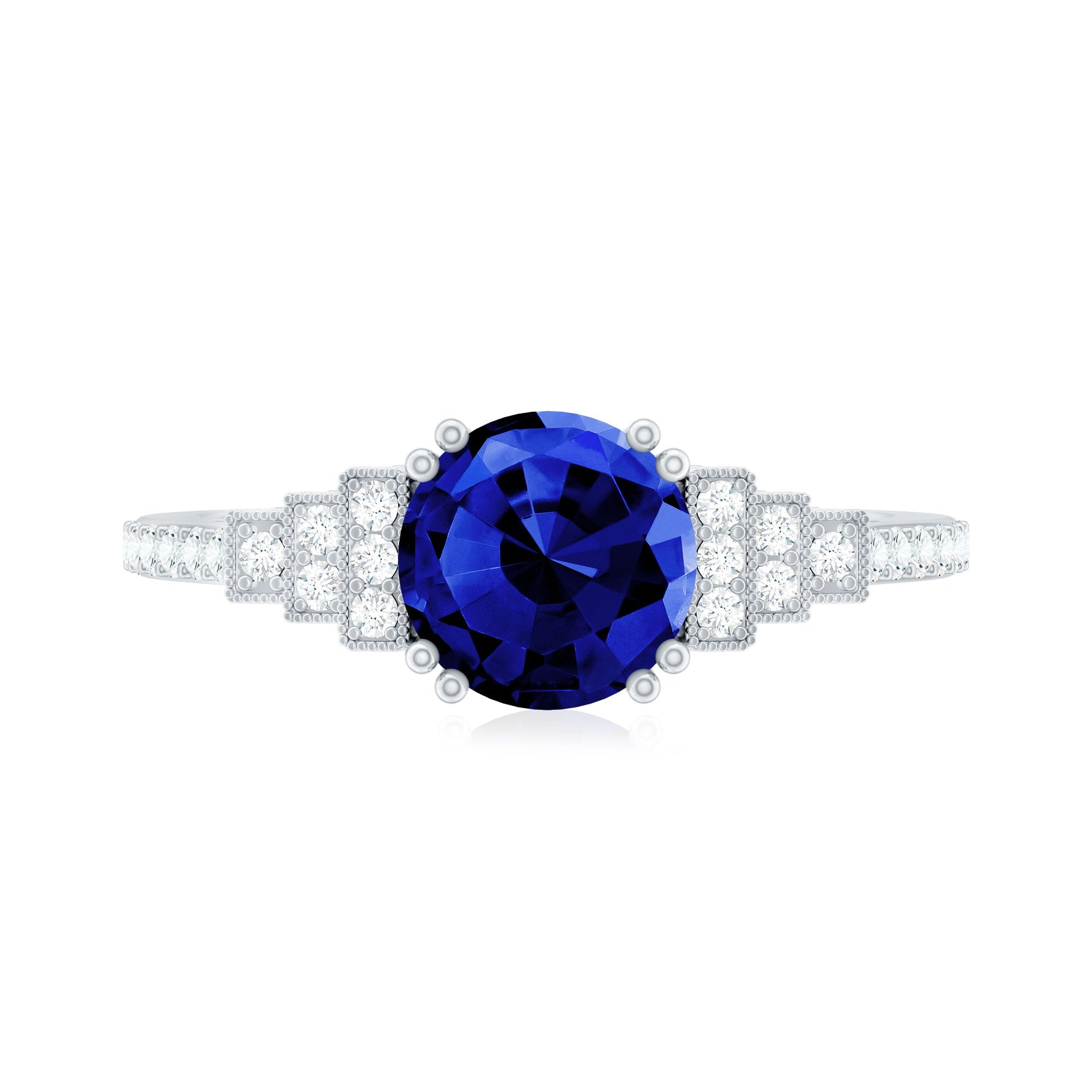 Vintage Style 2.7 Carat Lab Grown Blue Sapphire Engagement Ring with Diamond Side Stone