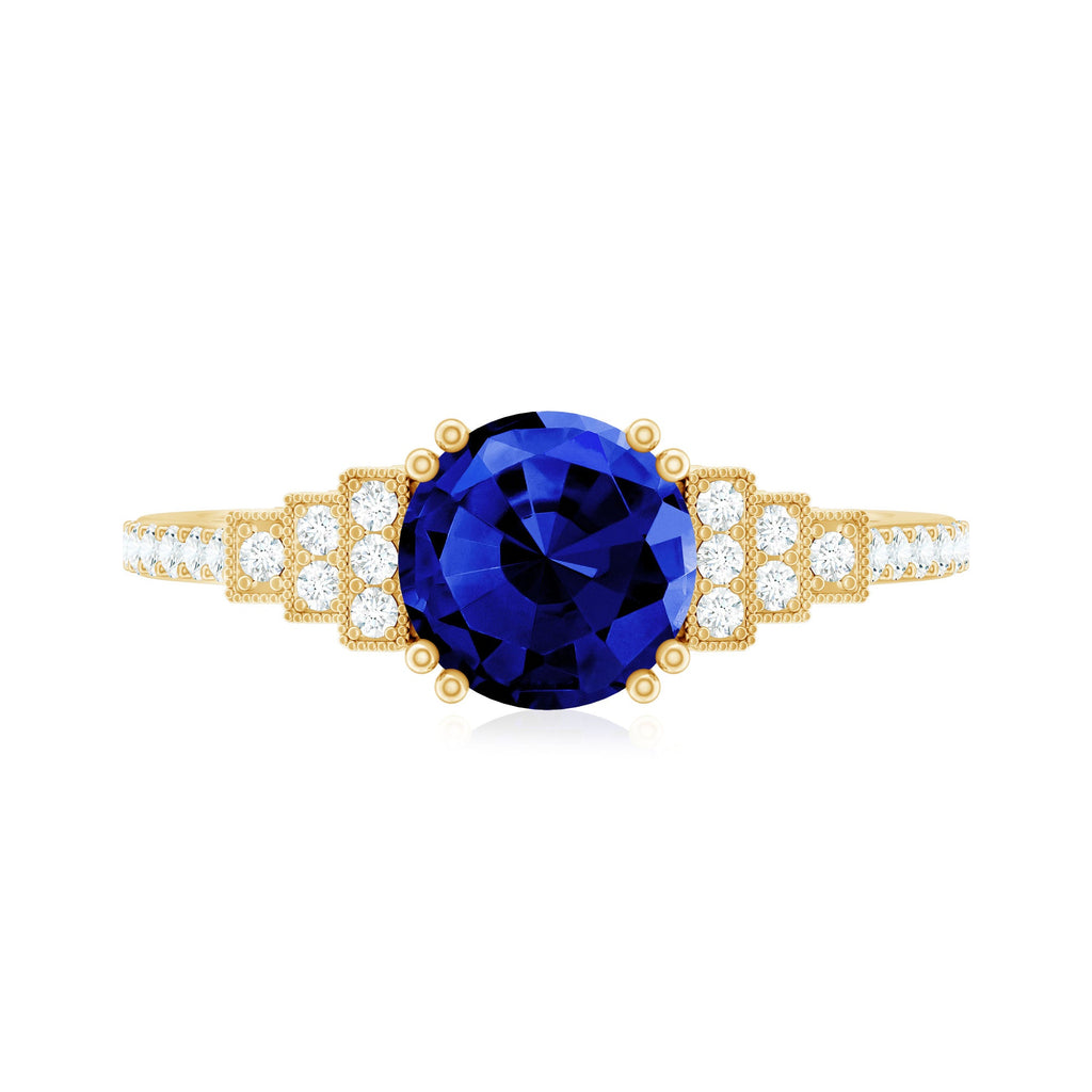 Vintage Style 2.7 Carat Lab Grown Blue Sapphire Engagement Ring with Diamond Side Stone