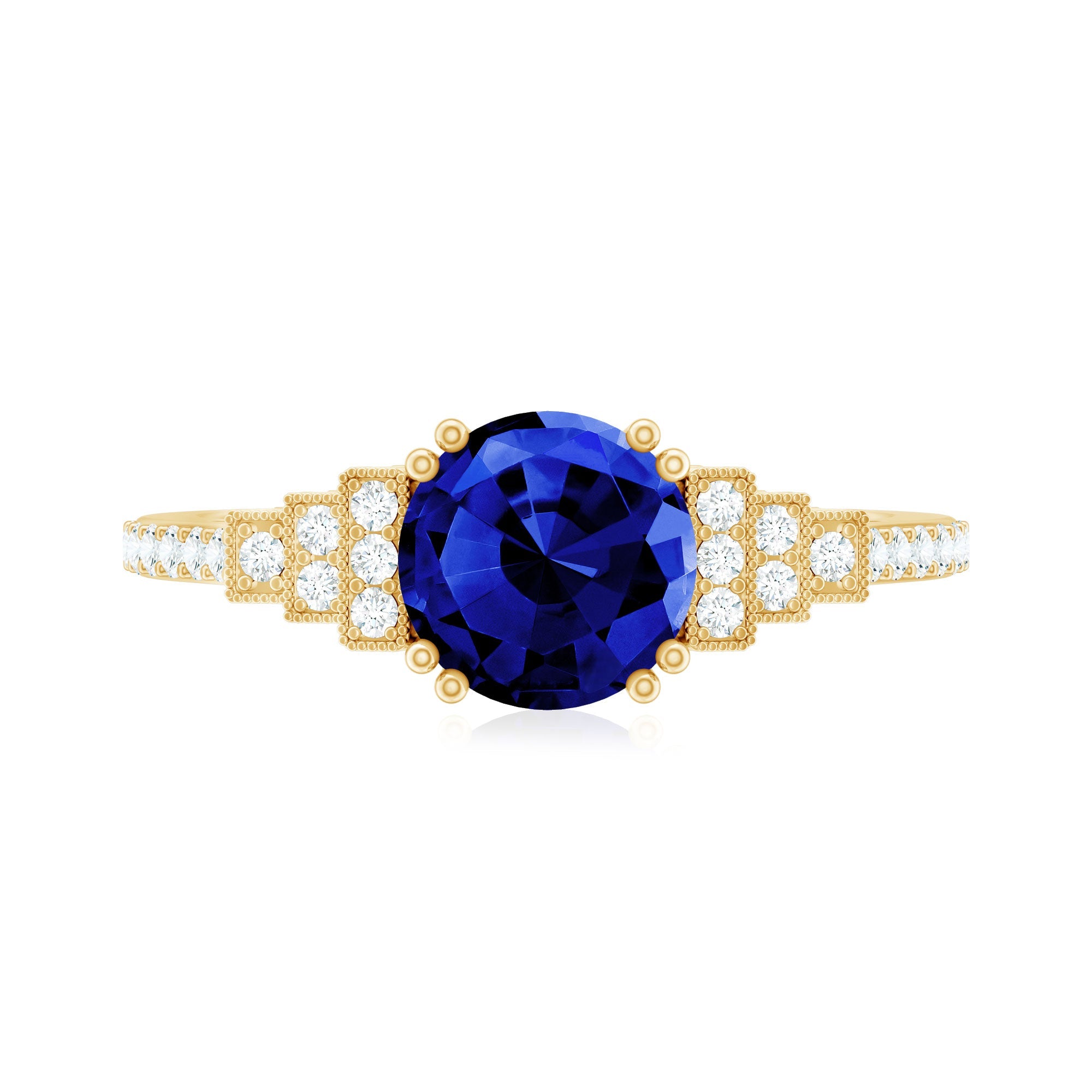 Vintage Style 2.7 Carat Lab Grown Blue Sapphire Engagement Ring with Diamond Side Stone