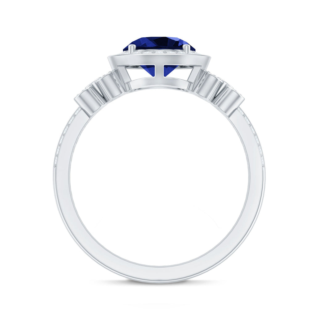 Certified 2.7 Carat Lab Grown Blue Sapphire Halo Engagement Ring with Diamond Flower
